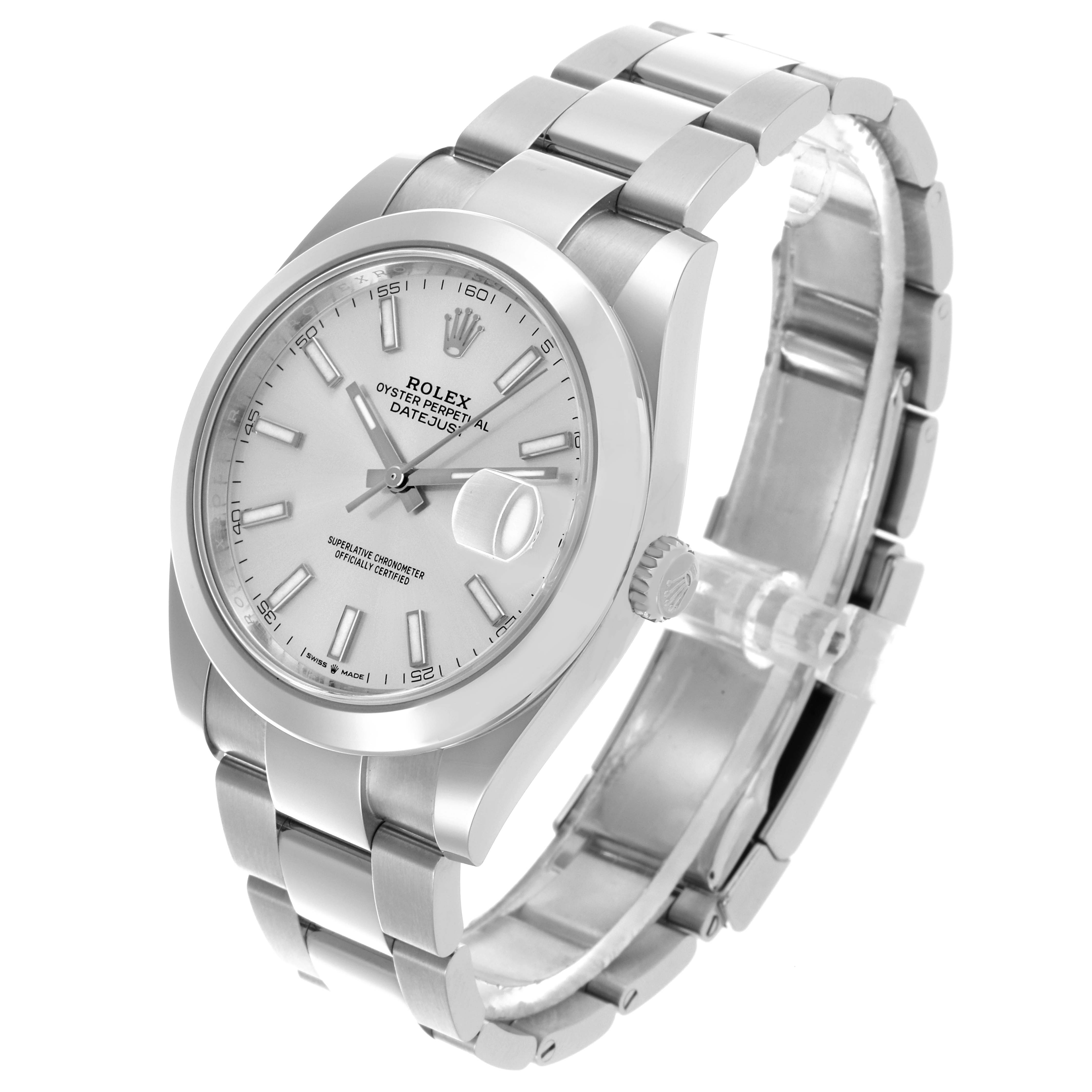 The Rolex Datejust 41 126300 Men
s Stainless Steel Silver Dial 126300 Men
s Stainless Steel Silver Dial is shown at a three-quarter angle, highlighting the dial, bezel, bracelet, and crown.