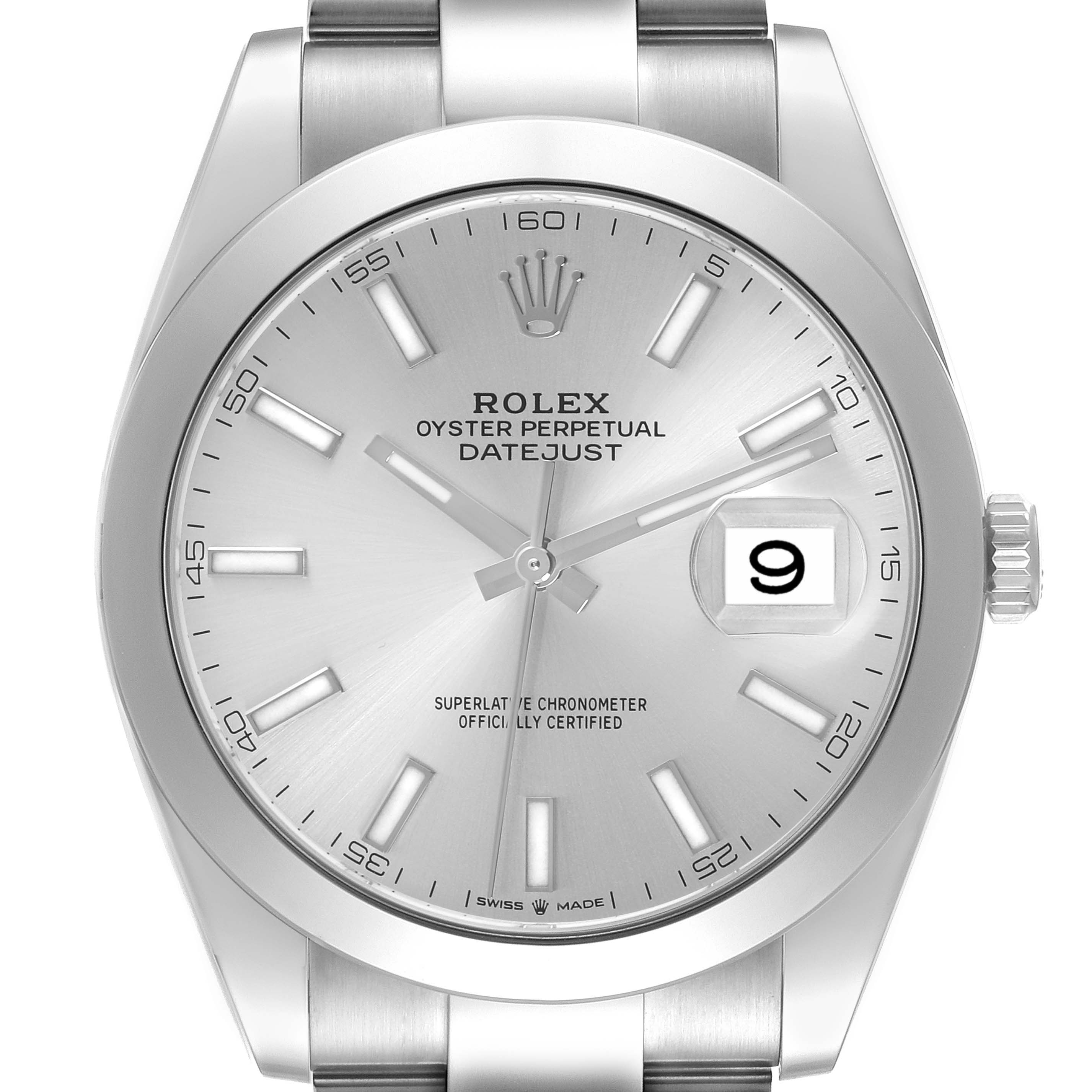 The image shows a front view of the Rolex Datejust 41 126300 Men
s Stainless Steel Silver Dial 126300 Men
s Stainless Steel Silver Dial, highlighting the dial, hands, markers, and date window.