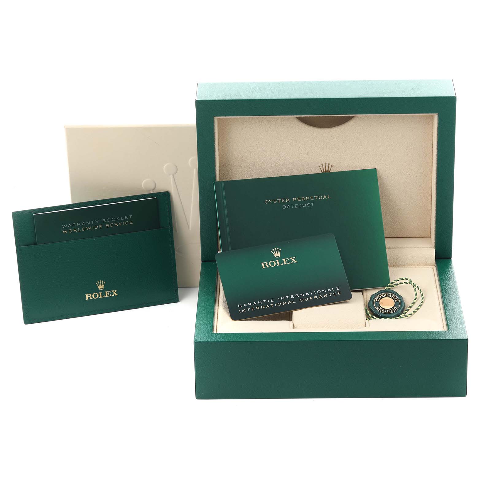 The image shows the packaging and accessories for a Rolex Datejust 41 126300 Men
s Stainless Steel Silver Dial 126300 Men
s Stainless Steel Silver Dial, including a box, guarantee cards, booklets, and a tag.