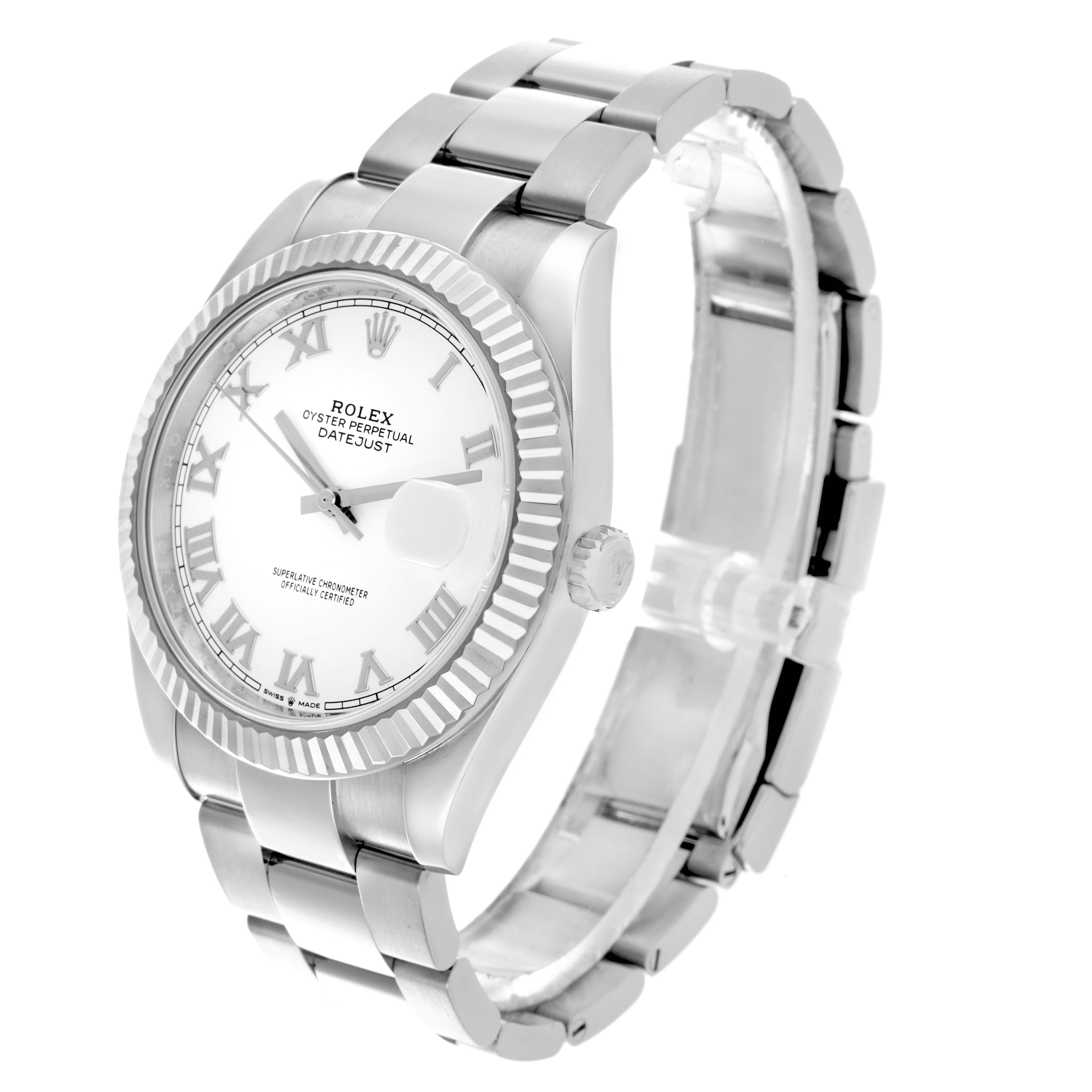 The Rolex Datejust 41 126334 Men's Stainless Steel White Dial 126334 Men's Stainless Steel White Dial watch is shown at a three-quarter angle, highlighting the dial, bezel, and bracelet.