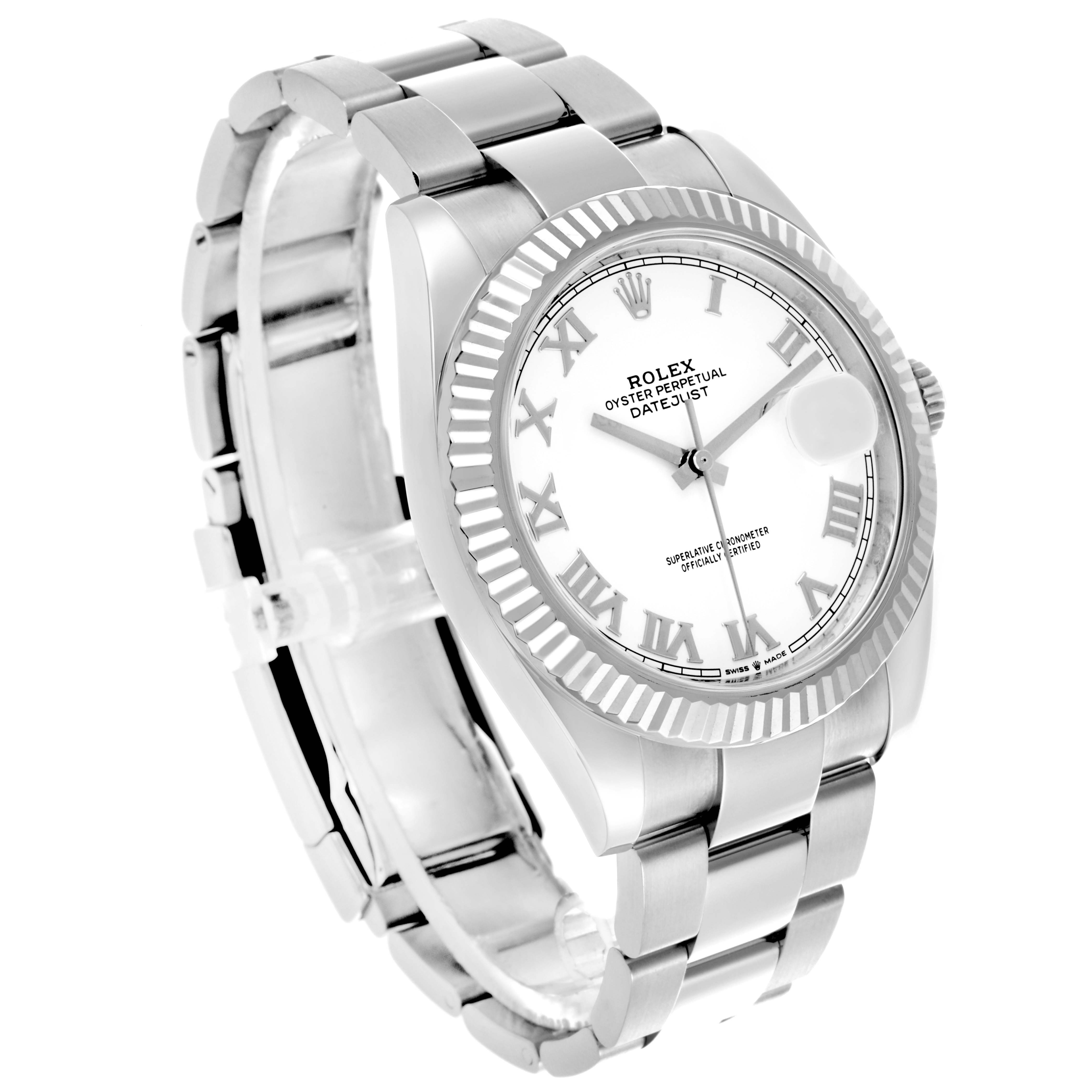 The Rolex Datejust 41 126334 Men's Stainless Steel White Dial 126334 Men's Stainless Steel White Dial model is shown at a slight side angle, displaying the case, fluted bezel, and bracelet.