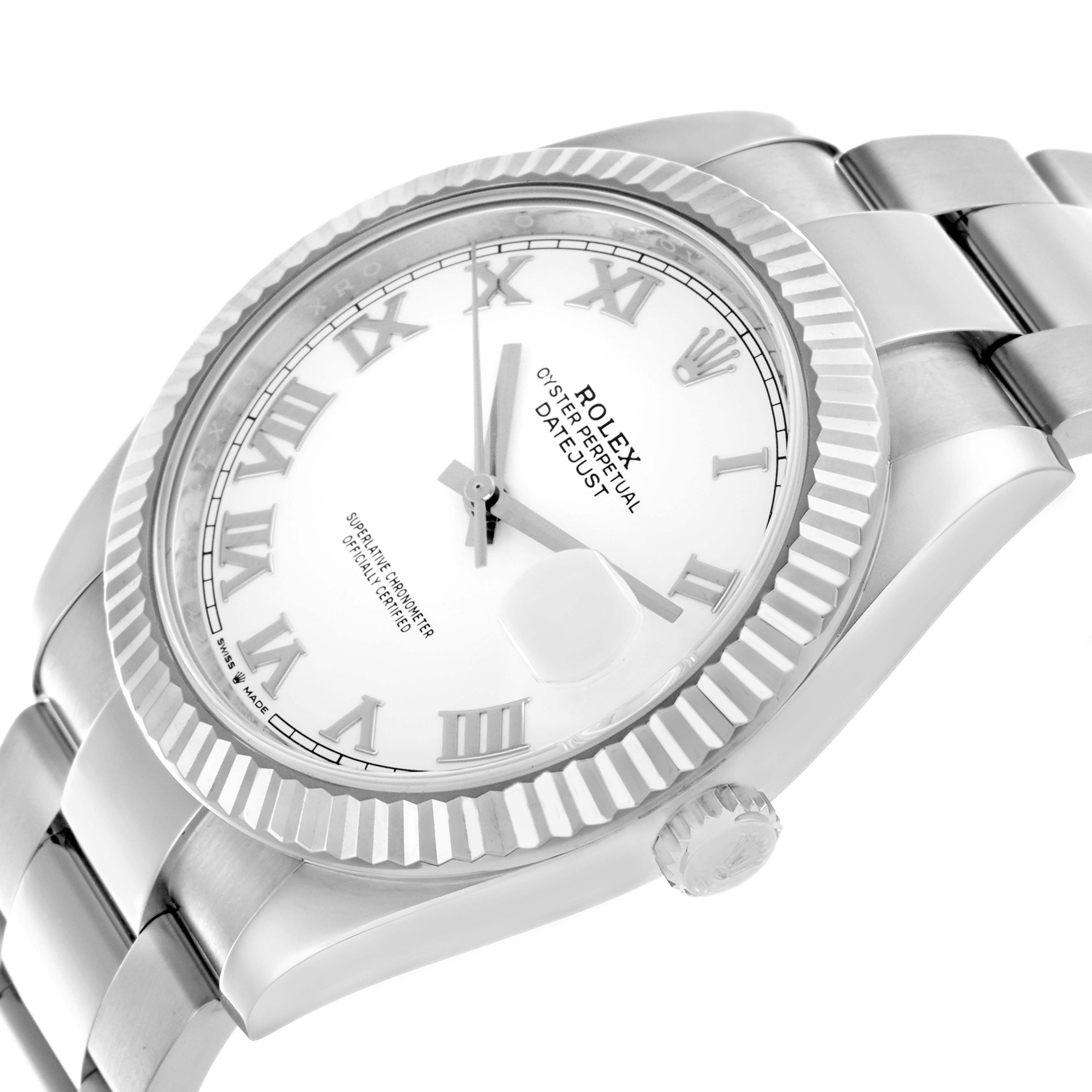 The angle shows the Rolex Datejust 41 126334 Men's Stainless Steel White Dial 126334 Men's Stainless Steel White Dial from a slightly tilted front view, highlighting the face, bezel, and part of the bracelet.