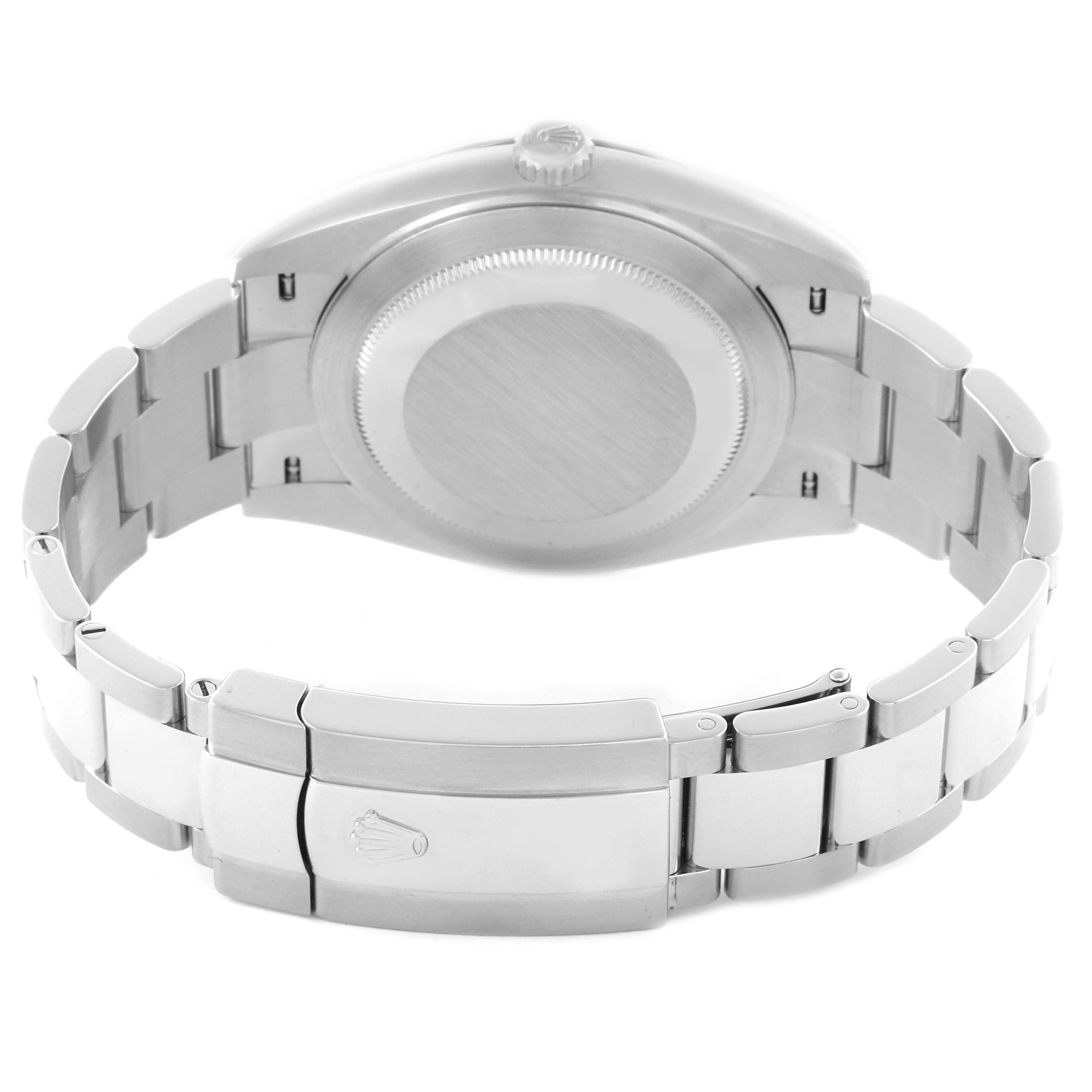 The image shows the back view of the Rolex Datejust 41 126334 Men's Stainless Steel White Dial 126334 Men's Stainless Steel White Dial, highlighting the case back and clasp.