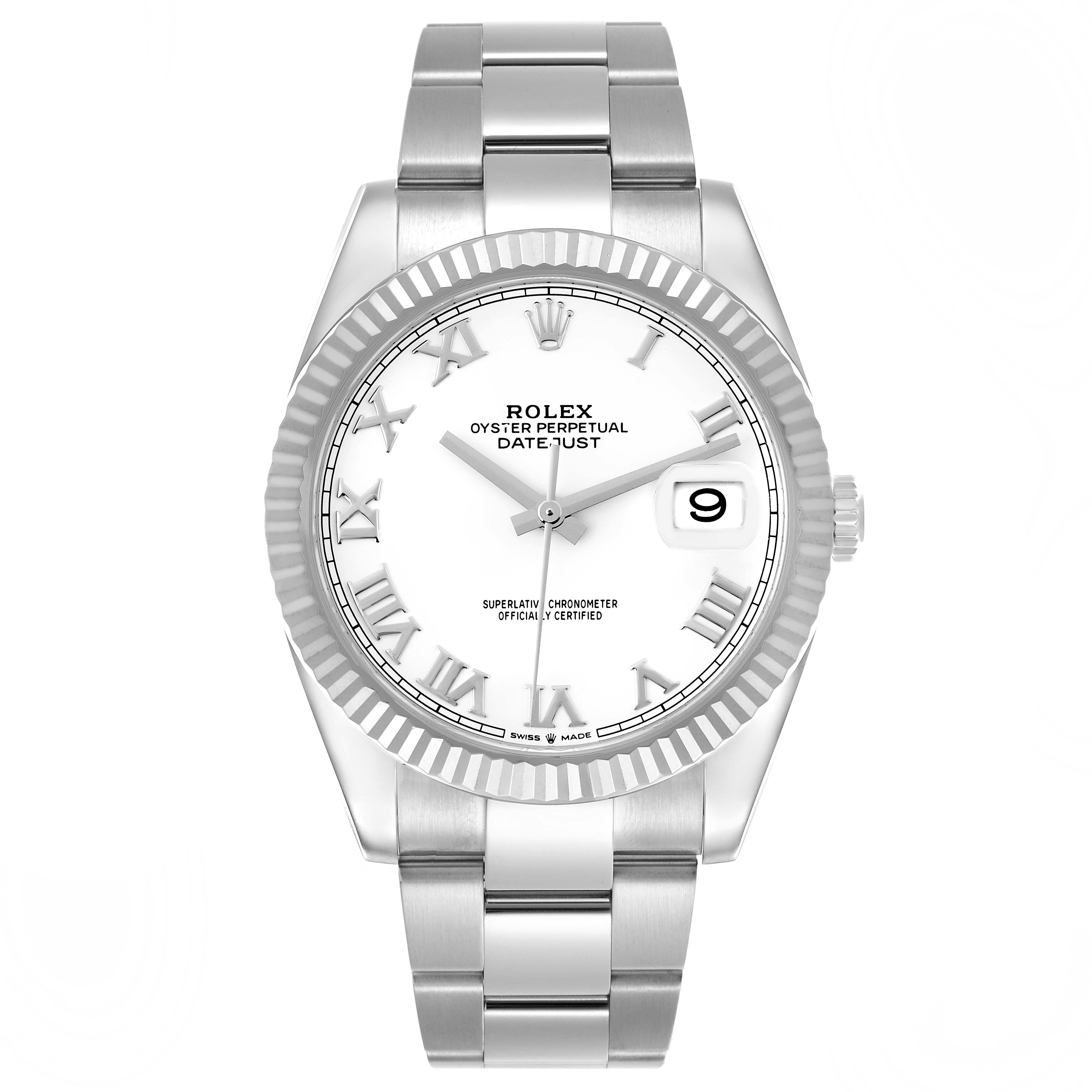The Rolex Datejust 41 126334 Men's Stainless Steel White Dial 126334 Men's Stainless Steel White Dial watch is shown from a front angle, highlighting the dial, bezel, and bracelet.