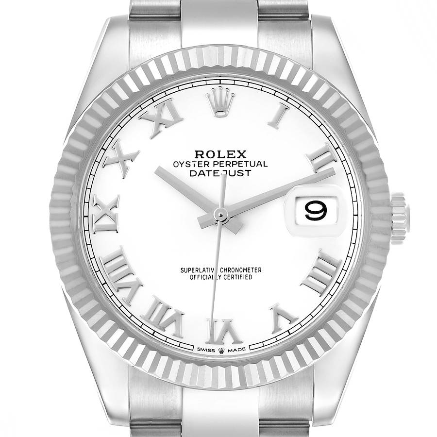 The image shows a Rolex Datejust 41 watch from a front angle, highlighting the dial, Roman numerals, hands, bezel, and date window.