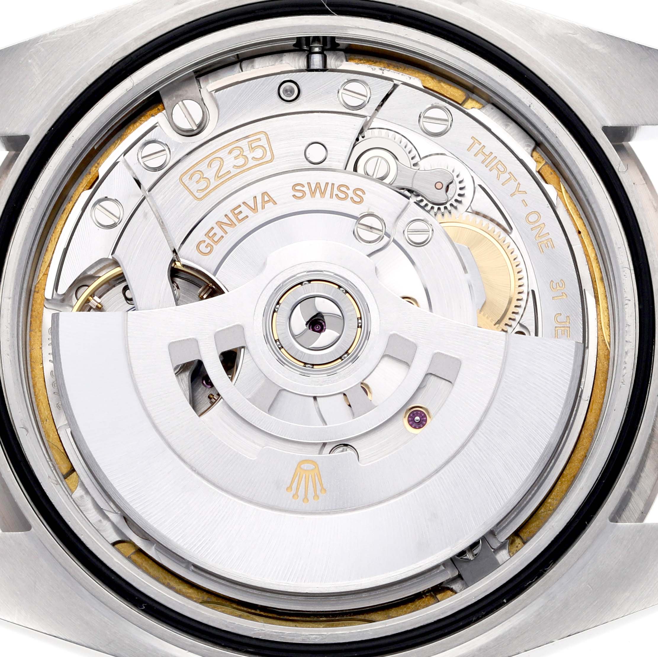 The image shows the movement mechanism of a Rolex Datejust 41 126334 Men's Stainless Steel White Dial 126334 Men's Stainless Steel White Dial watch from a rear angle.