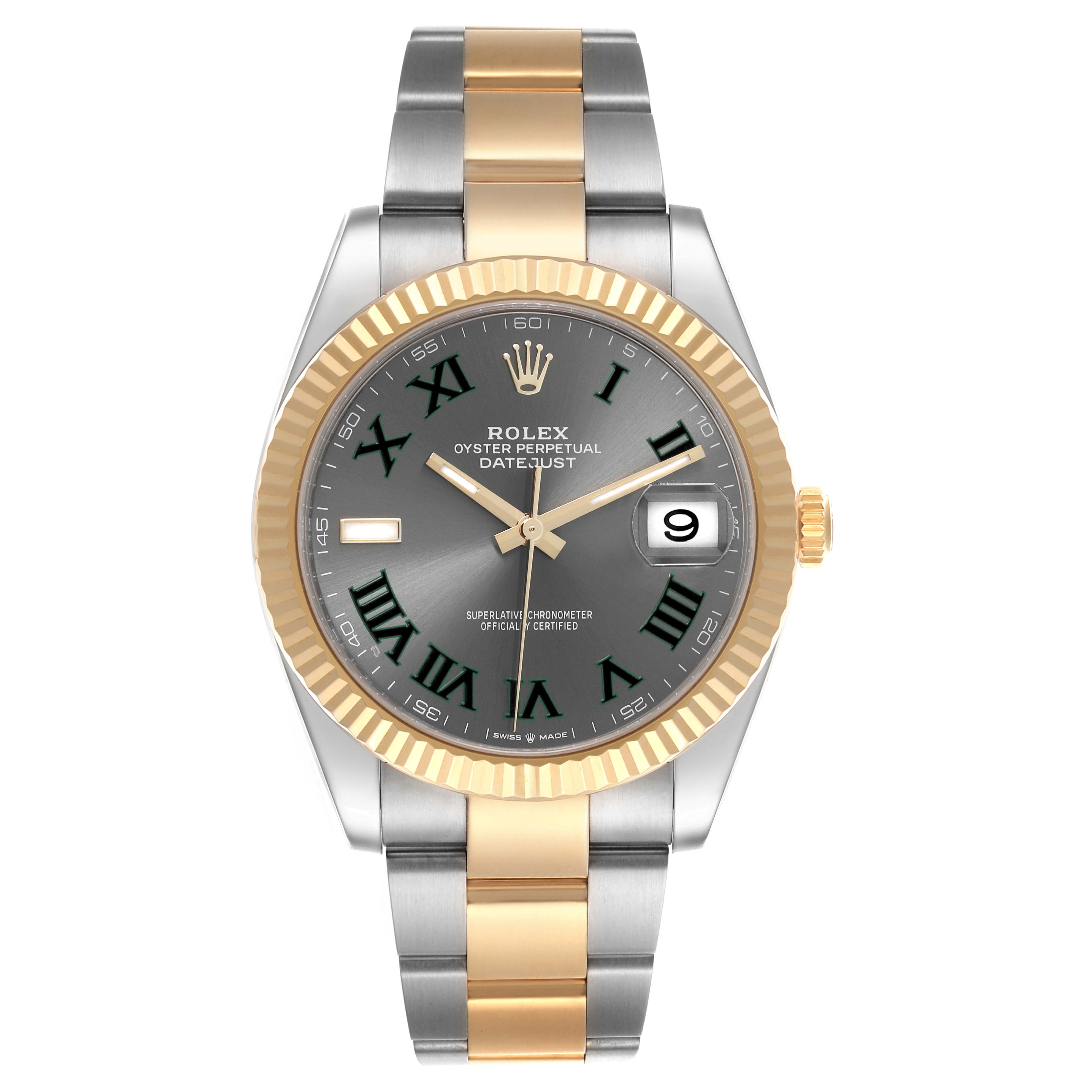 The image shows a front view of the Rolex Datejust 41 126333 Men's Steel and Gold (two tone) Grey Dial 126333 Men's Steel and Gold (two tone) Grey Dial, displaying the dial, bezel, and part of the bracelet.
