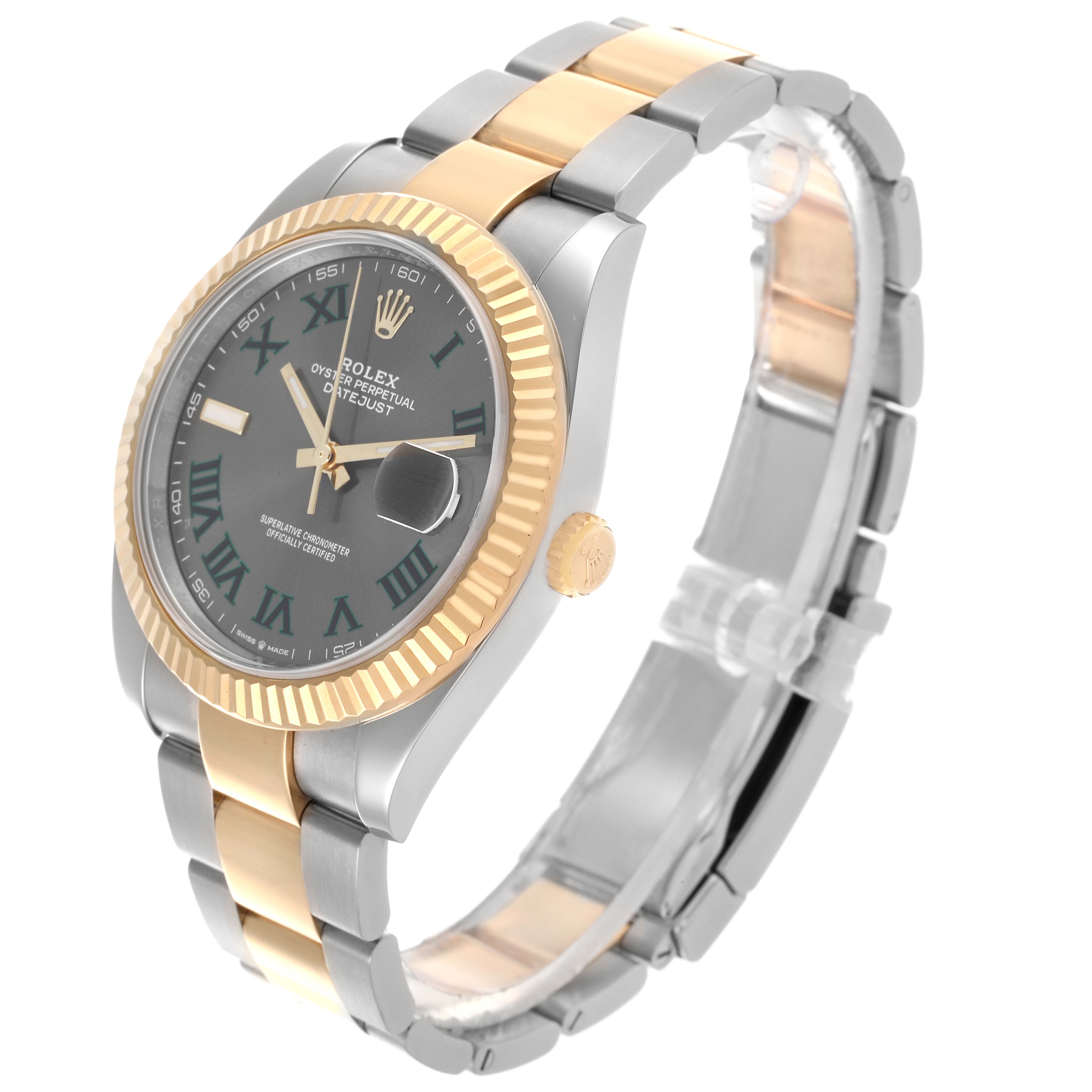 The Rolex Datejust 41 126333 Men's Steel and Gold (two tone) Grey Dial 126333 Men's Steel and Gold (two tone) Grey Dial is shown at a three-quarter angle, highlighting the gold and silver bracelet, fluted bezel, and dark dial.