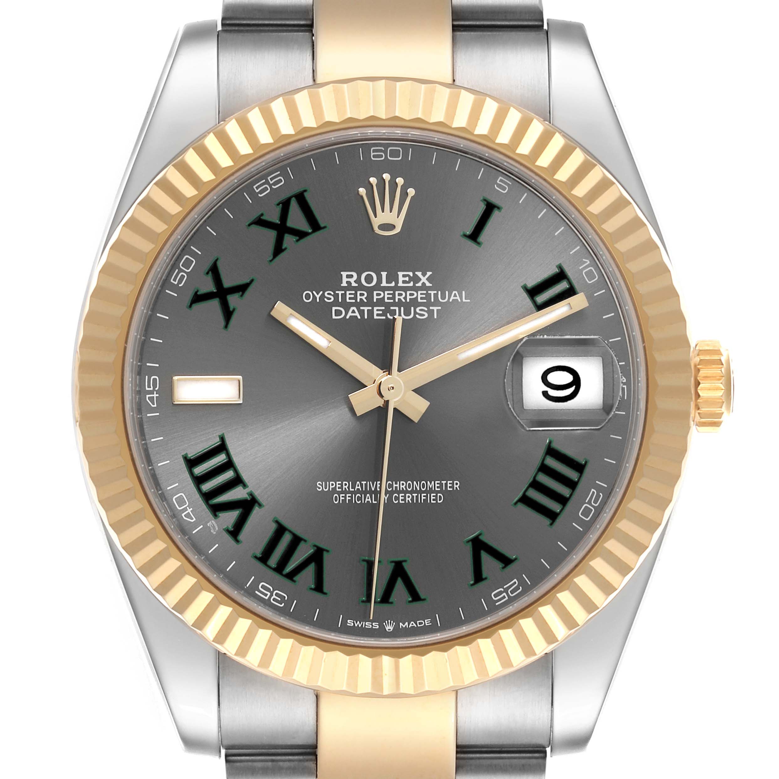 The Rolex Datejust 41 126333 Men's Steel and Gold (two tone) Grey Dial 126333 Men's Steel and Gold (two tone) Grey Dial watch is shown from the front, highlighting its dial, hands, bezel, and date window.