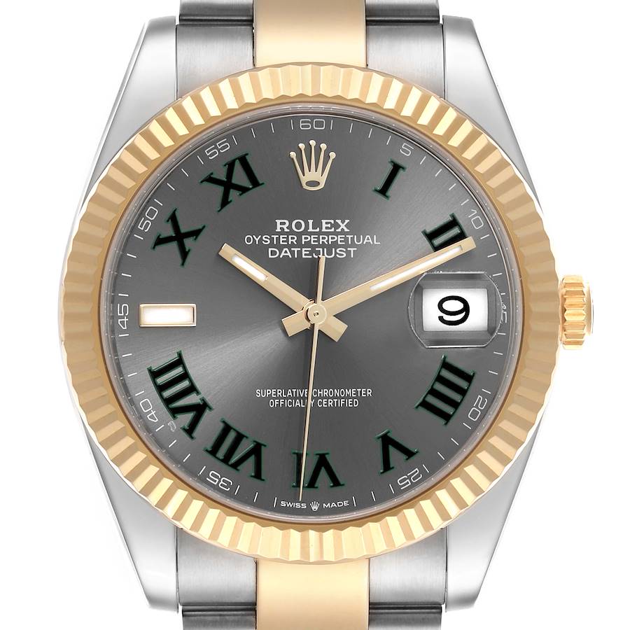 The Rolex Datejust 41 watch is shown from the front, highlighting its dial, hands, bezel, and date window.