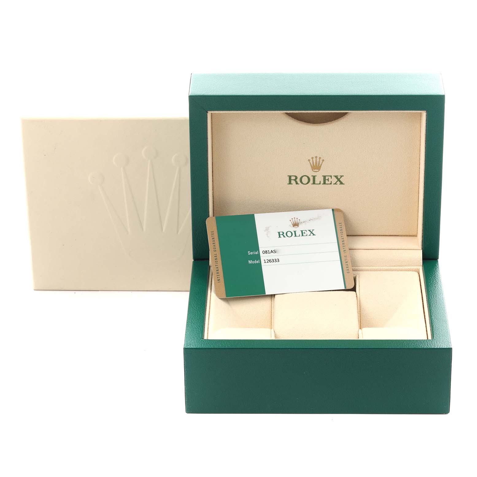 The image shows the packaging and warranty card for a Rolex Datejust 41 126333 Men's Steel and Gold (two tone) Grey Dial 126333 Men's Steel and Gold (two tone) Grey Dial, including a green box and cream-colored interior.