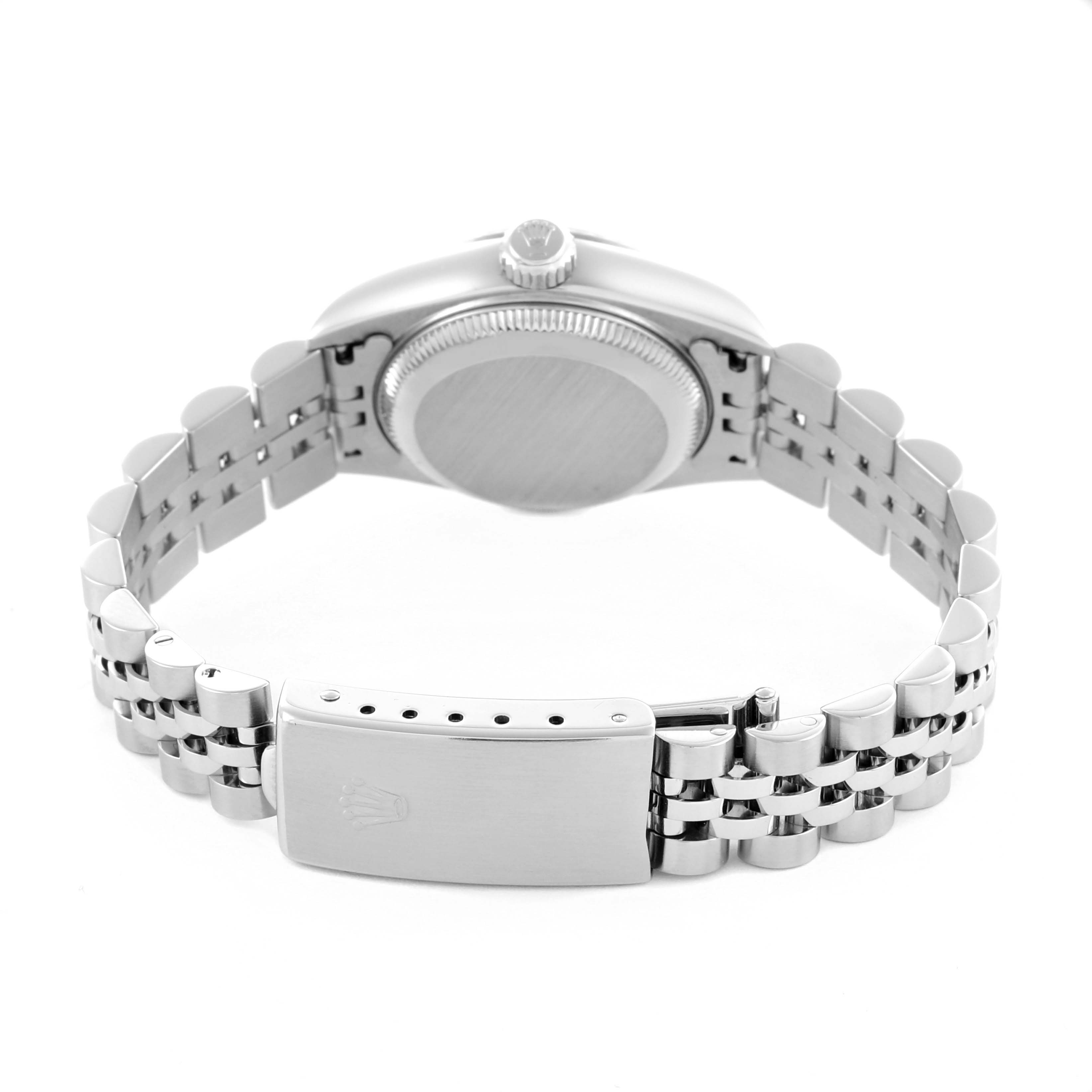 The image shows a Rolex Datejust 79174 Women's Stainless Steel Black Dial 79174 Women's Stainless Steel Black Dial from the back angle, highlighting the case, crown, and Jubilee bracelet with clasp.