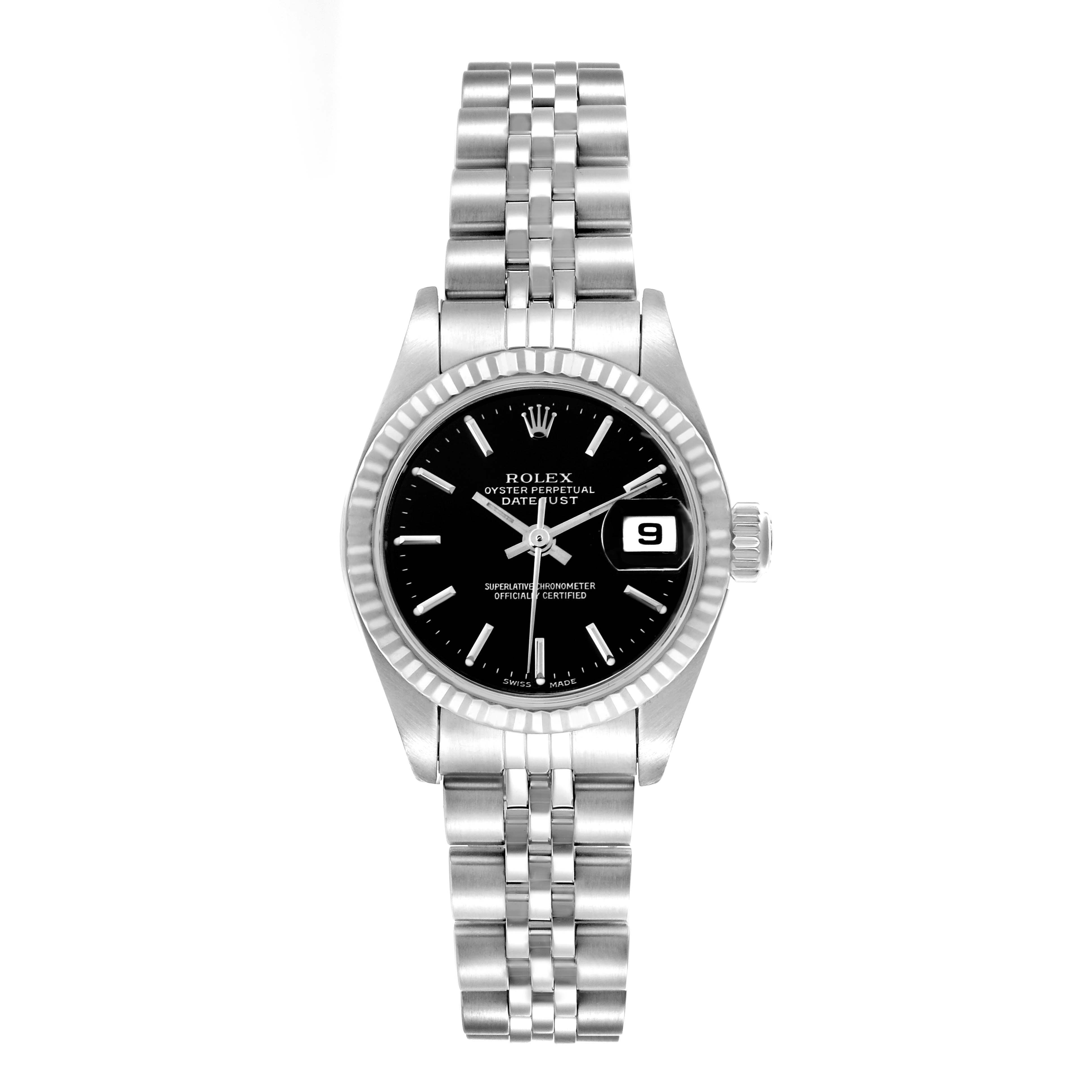 The Rolex Datejust 79174 Women's Stainless Steel Black Dial 79174 Women's Stainless Steel Black Dial watch is shown from a front angle, highlighting its dial, fluted bezel, and Jubilee bracelet.