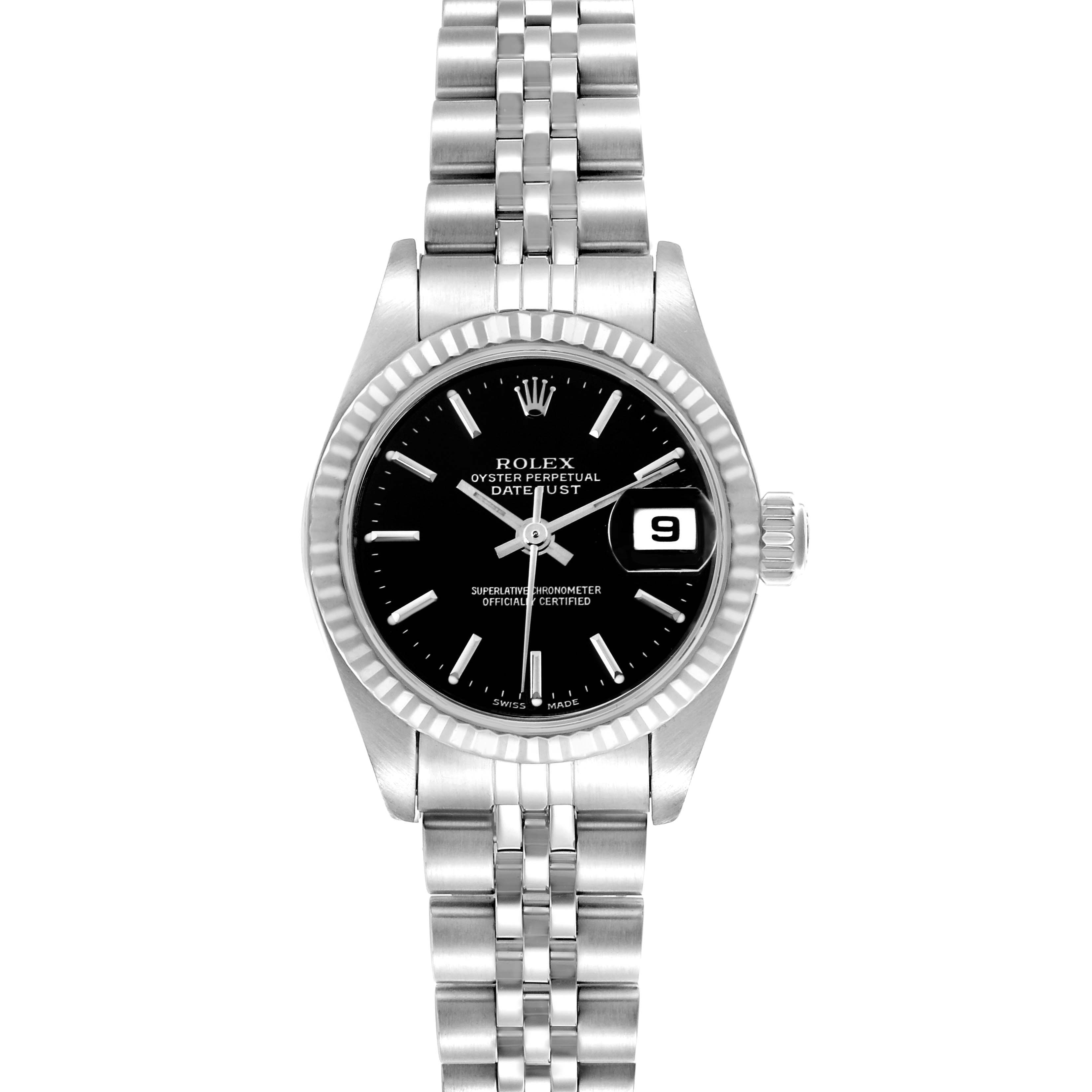 The image shows the Rolex Datejust 79174 Women's Stainless Steel Black Dial 79174 Women's Stainless Steel Black Dial watch from a front-view angle, displaying the face, bezel, and bracelet.