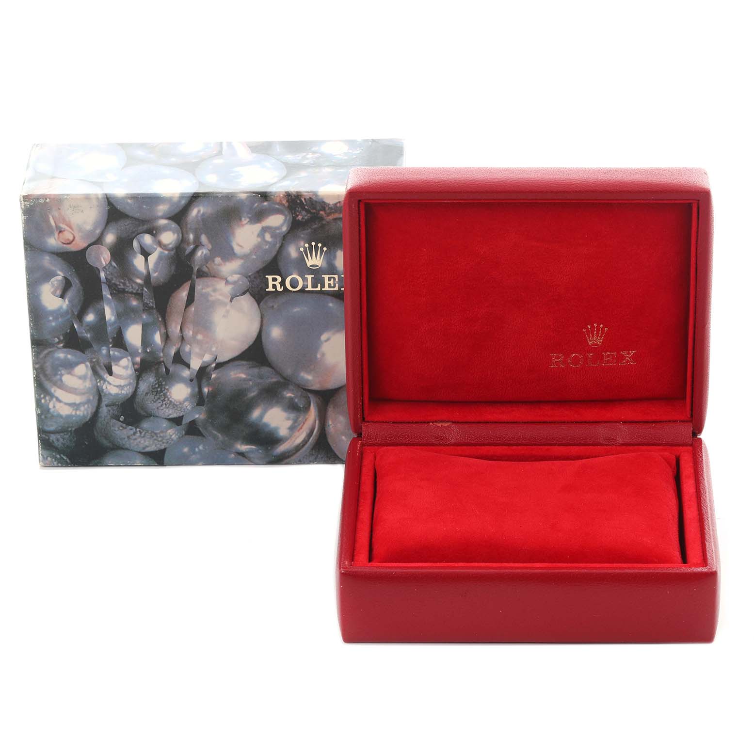 The image shows a Rolex Datejust 79174 Women's Stainless Steel Black Dial 79174 Women's Stainless Steel Black Dial watch box, with an open red interior and a decorative outer box.