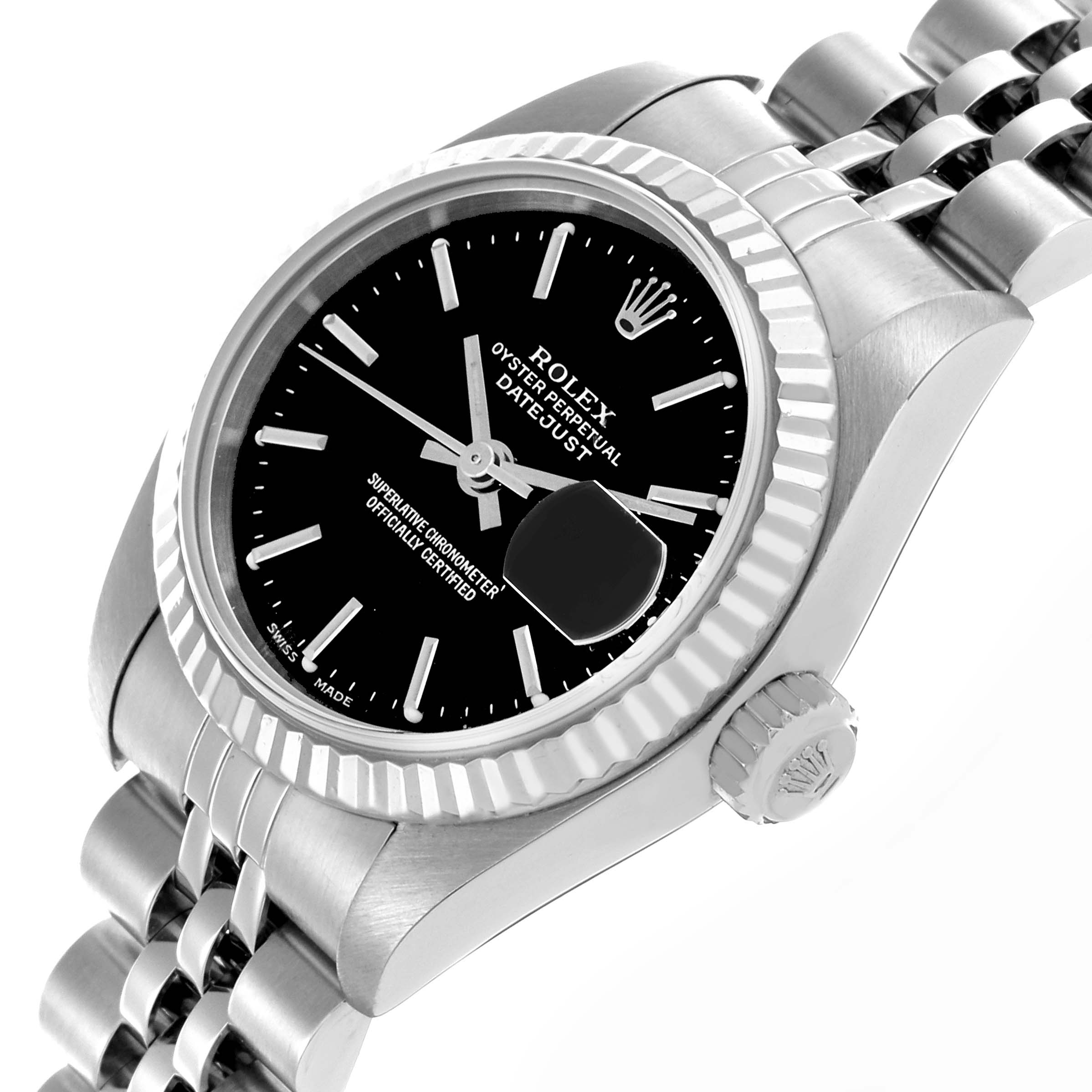 The image shows a Rolex Datejust 79174 Women's Stainless Steel Black Dial 79174 Women's Stainless Steel Black Dial watch at an angled view, highlighting the dial, fluted bezel, crown, and Jubilee bracelet.