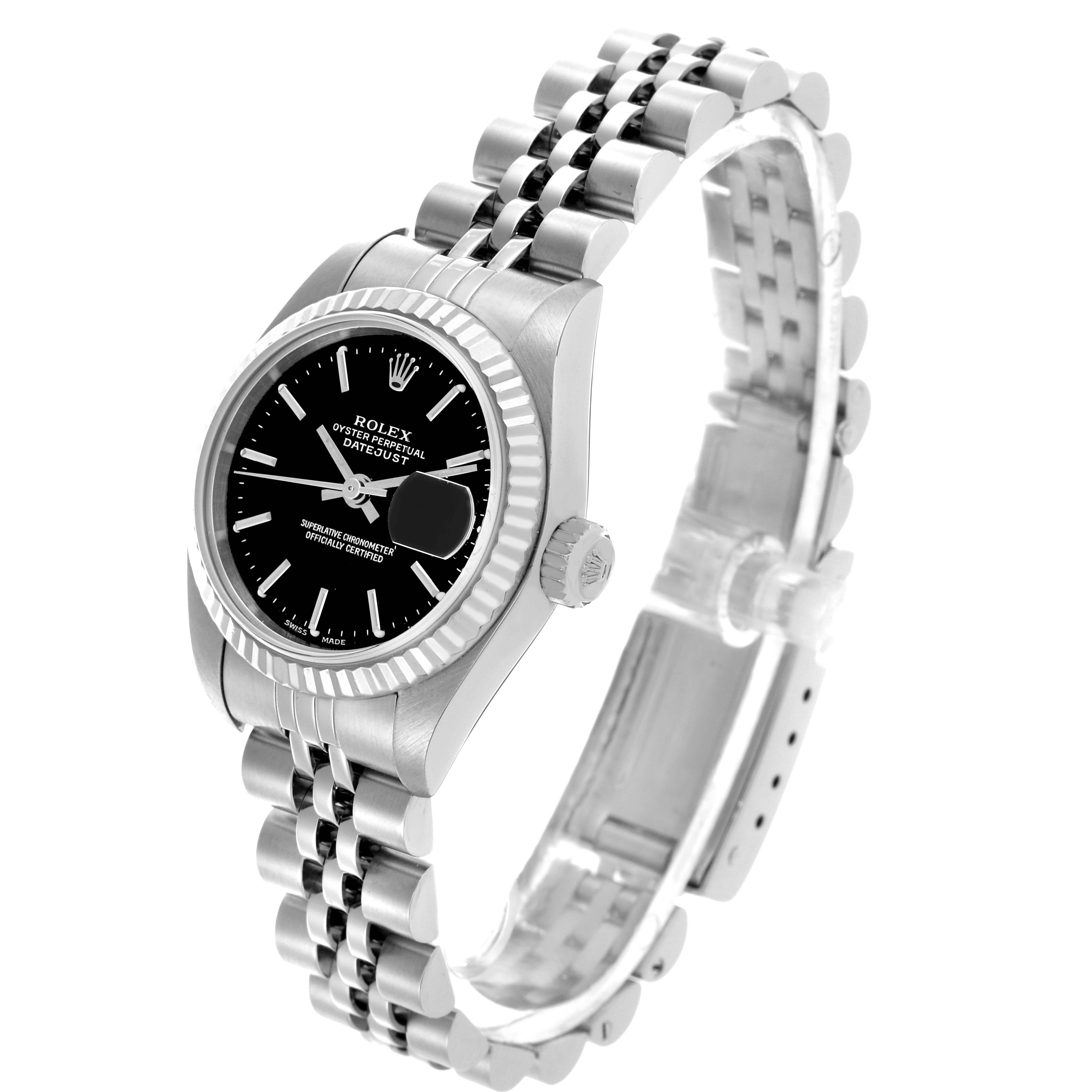This Rolex Datejust 79174 Women's Stainless Steel Black Dial 79174 Women's Stainless Steel Black Dial watch is shown at a three-quarter angle, displaying the face, bezel, bracelet, and crown.
