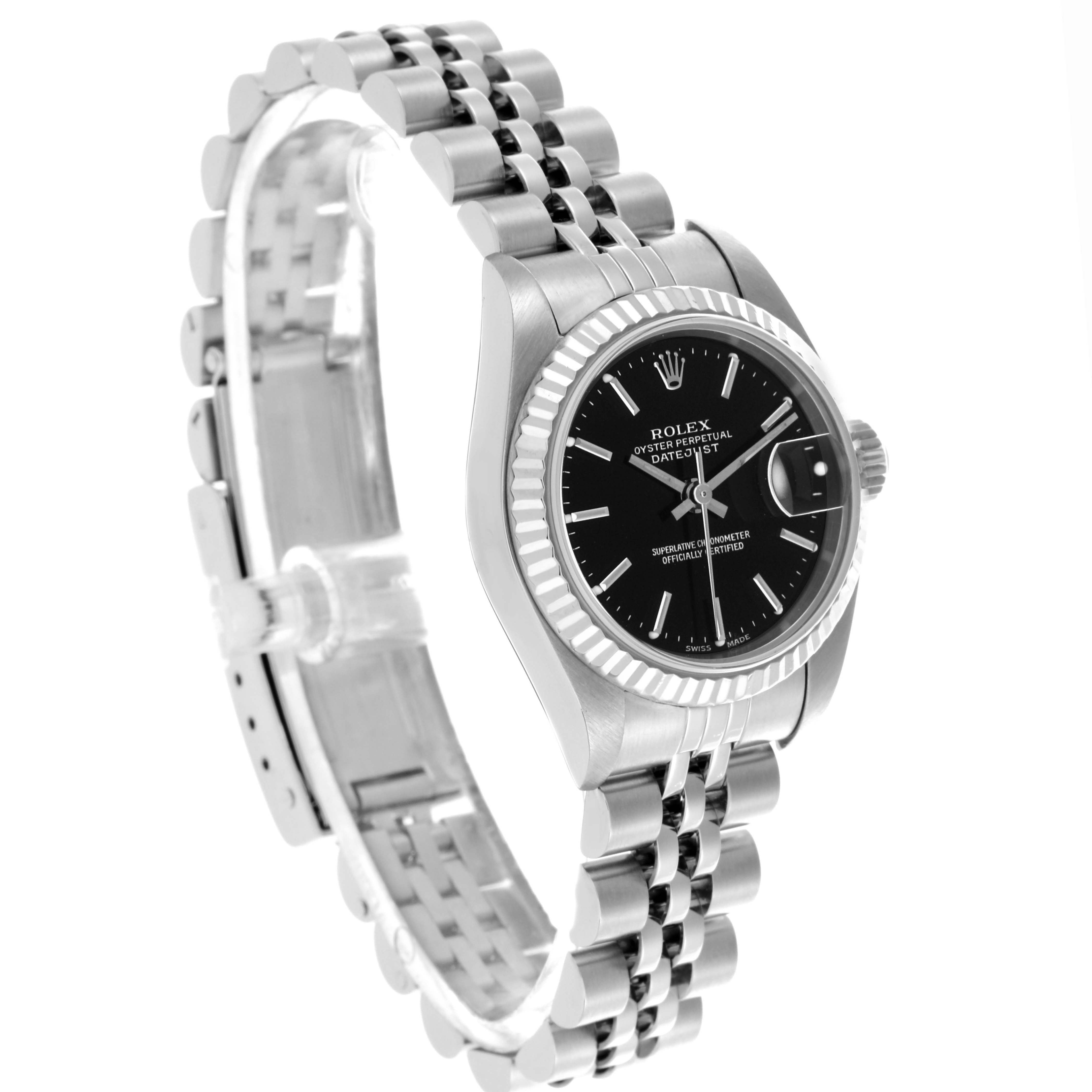 The Rolex Datejust 79174 Women's Stainless Steel Black Dial 79174 Women's Stainless Steel Black Dial watch is shown in a three-quarter view, highlighting its black dial, fluted bezel, and Jubilee bracelet.
