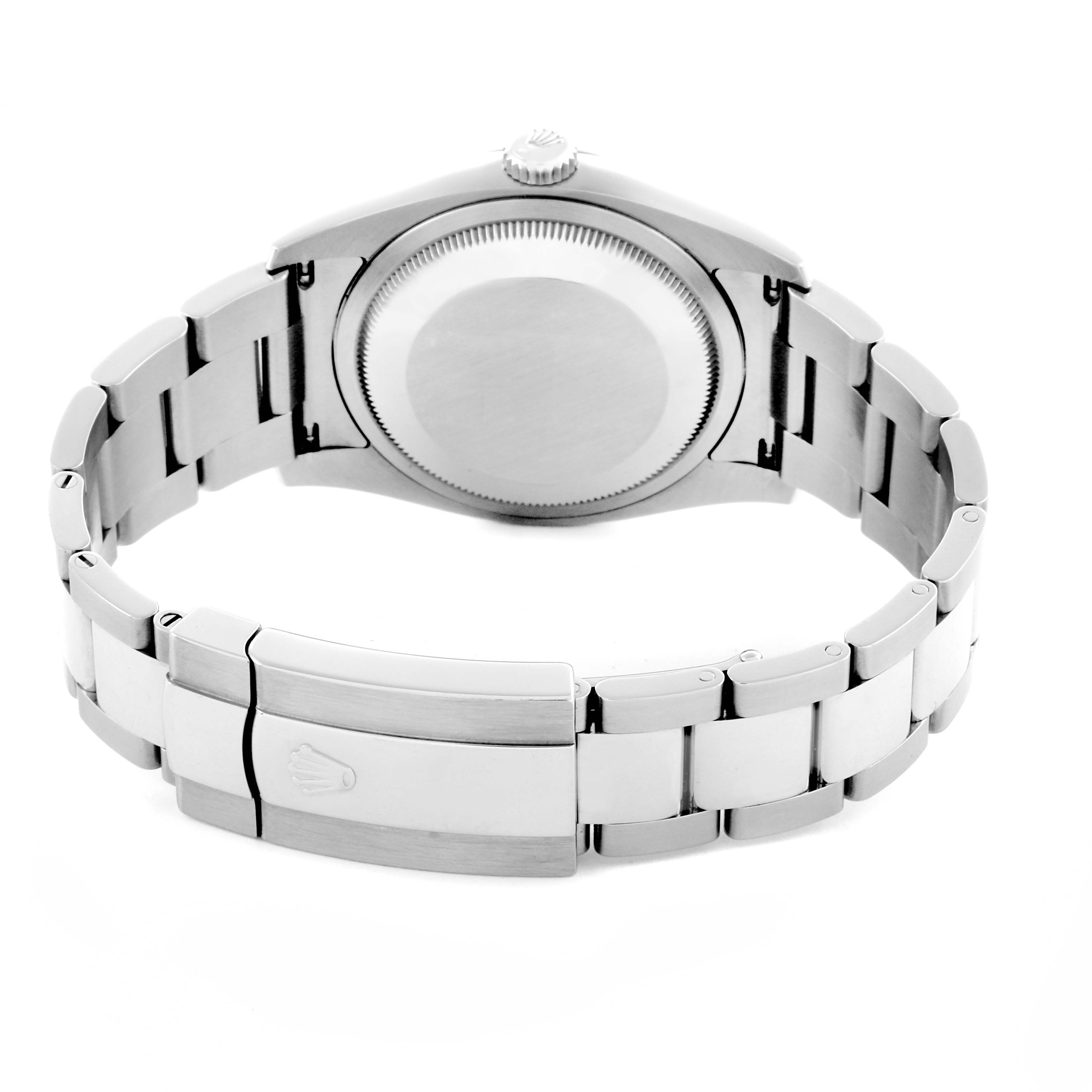 The image shows the back view of a Rolex Datejust 116200 Men's Stainless Steel Blue Dial 116200 Men's Stainless Steel Blue Dial watch, highlighting the case back and bracelet clasp.