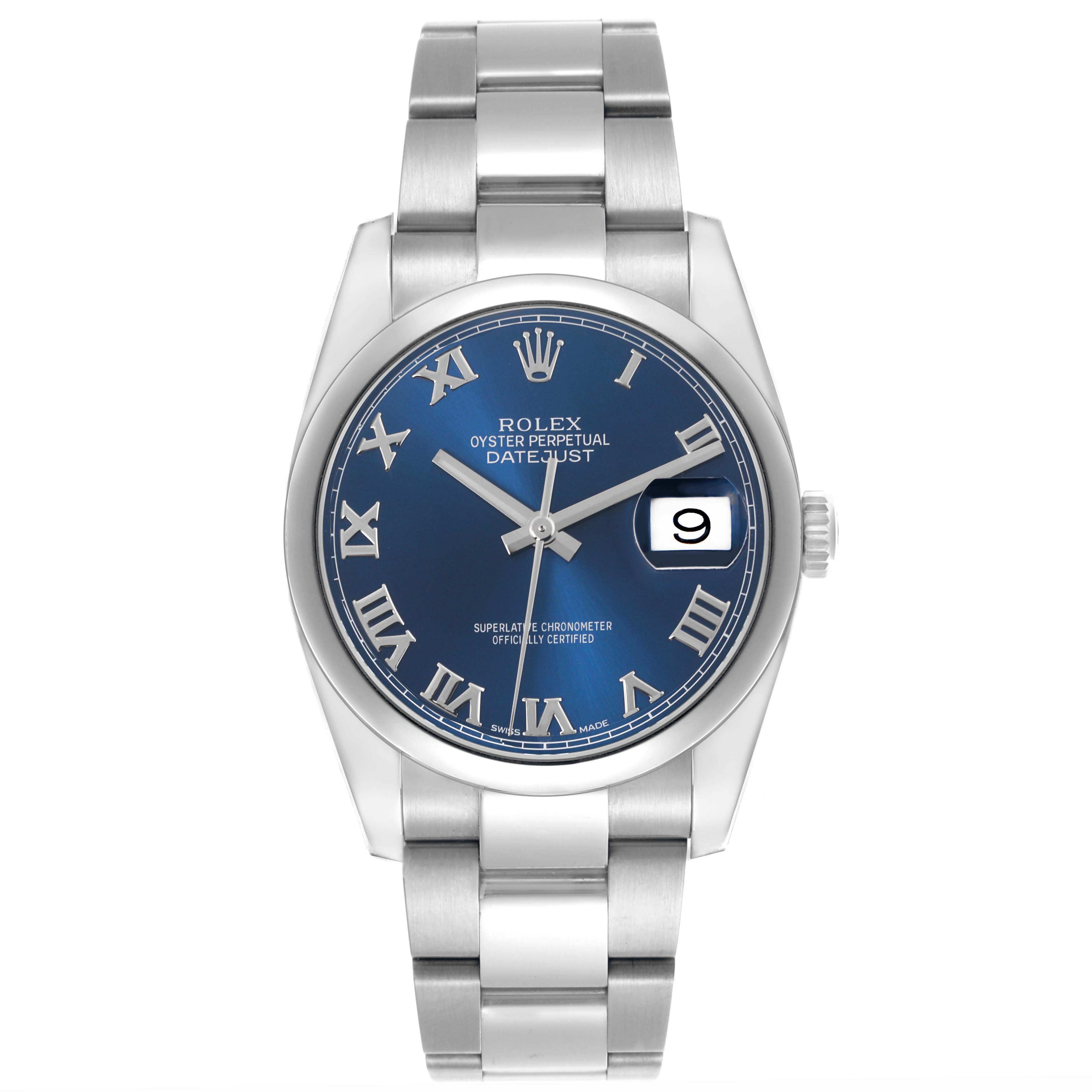 The Rolex Datejust 116200 Men's Stainless Steel Blue Dial 116200 Men's Stainless Steel Blue Dial watch is shown from a front angle, highlighting its blue dial, silver band, and date feature.