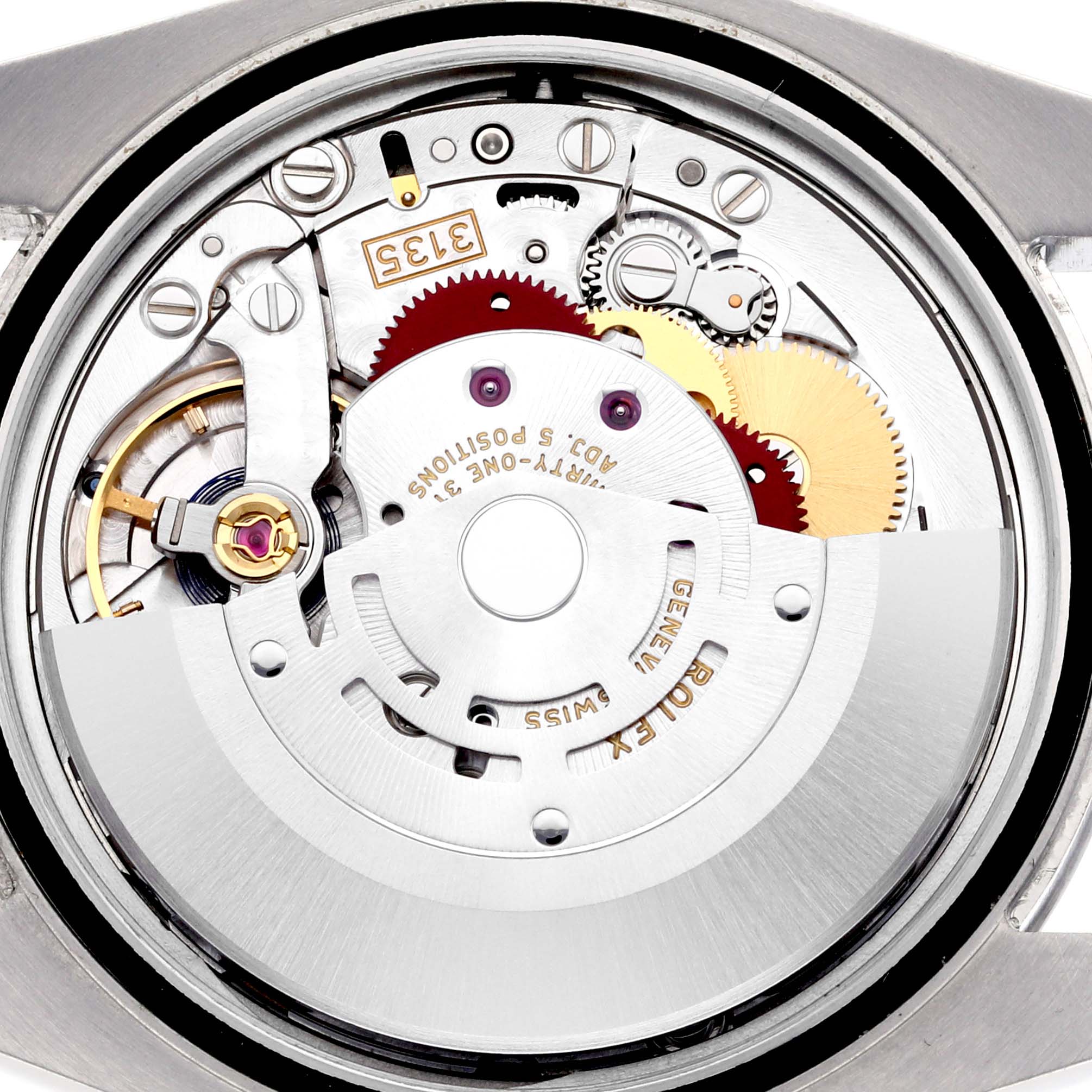 The image shows an inside view of the Rolex Datejust 116200 Men's Stainless Steel Blue Dial 116200 Men's Stainless Steel Blue Dial movement, highlighting gears and the rotor.