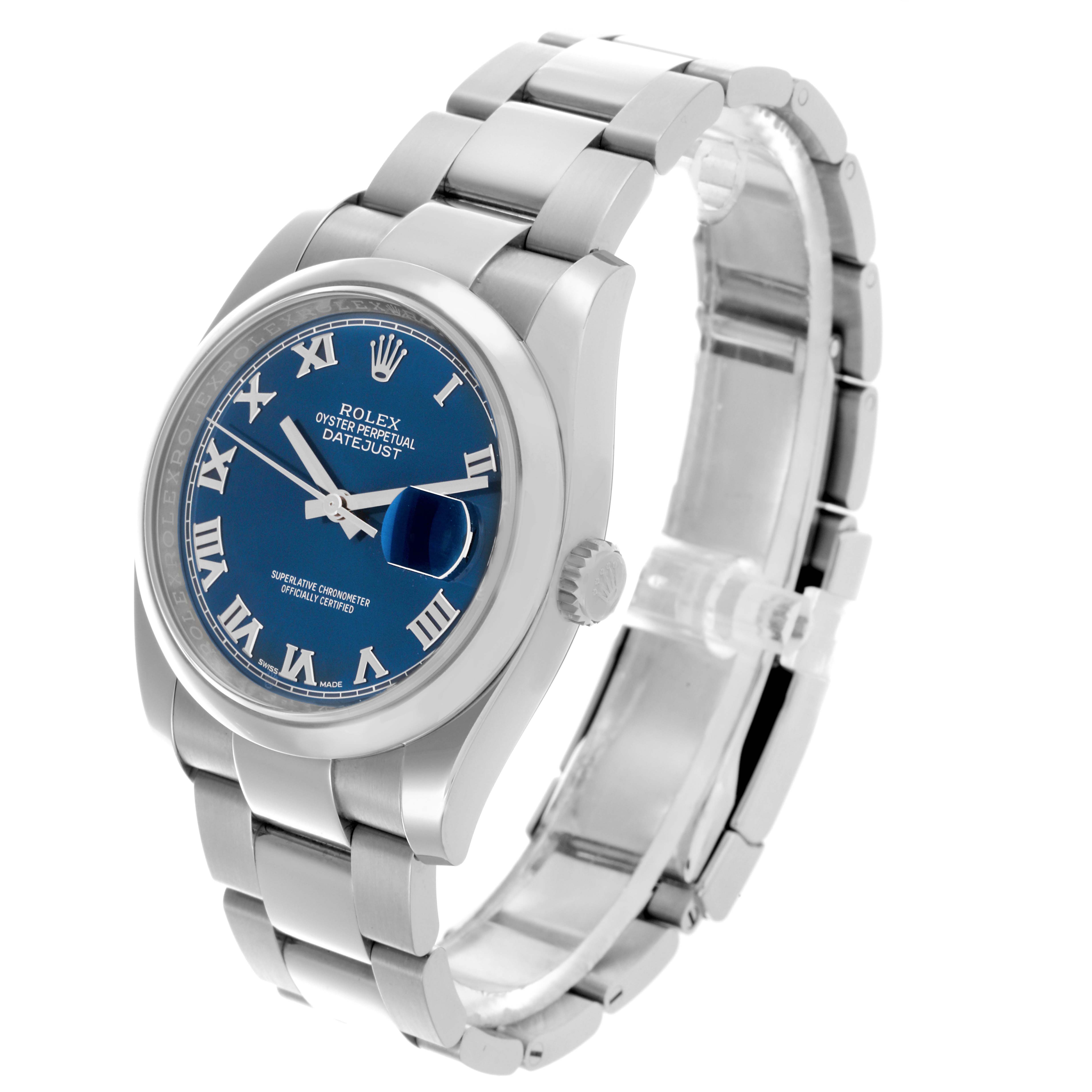 The Rolex Datejust 116200 Men's Stainless Steel Blue Dial 116200 Men's Stainless Steel Blue Dial watch is shown at a three-quarter angle, displaying the blue dial, Roman numerals, bezel, and bracelet.
