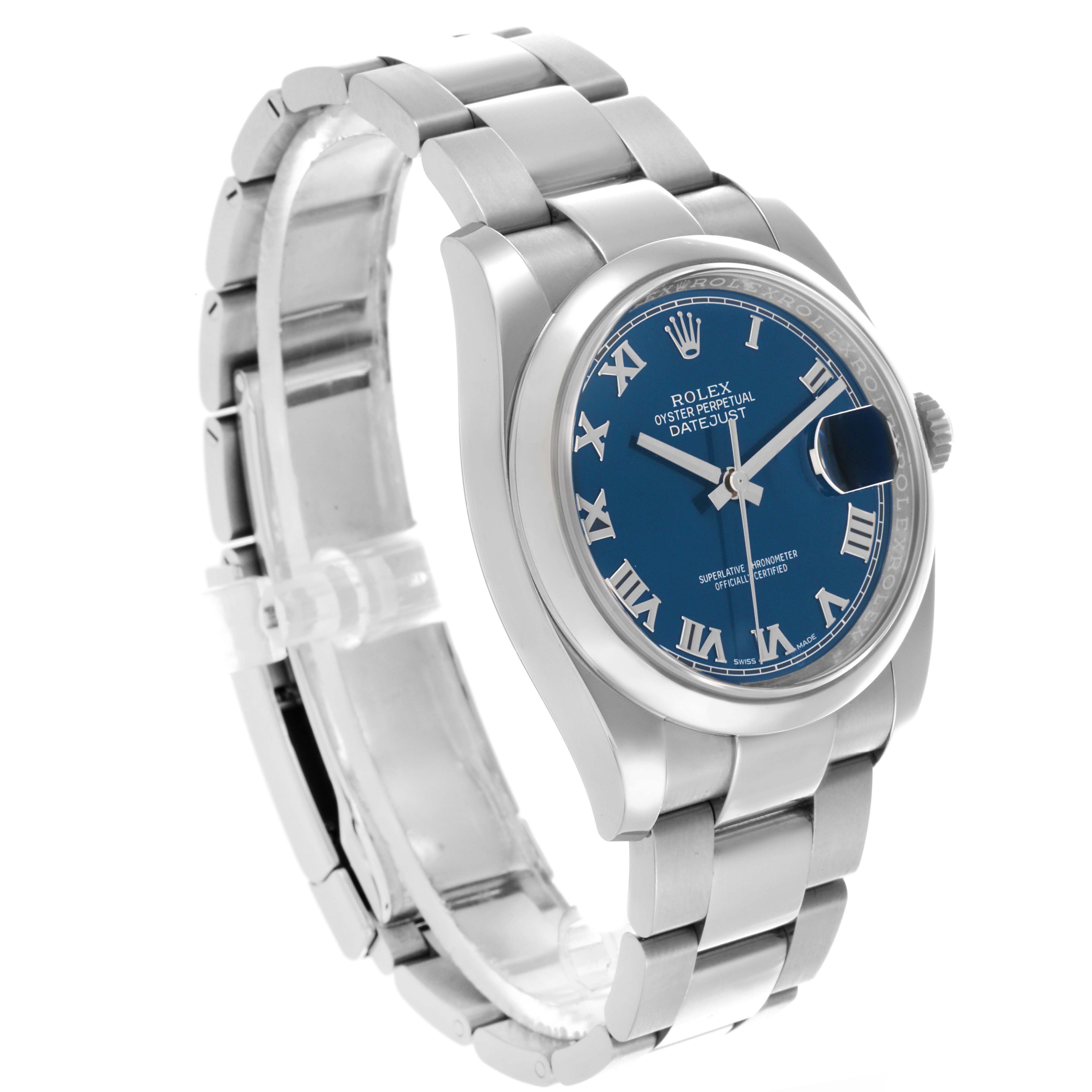 The Rolex Datejust 116200 Men's Stainless Steel Blue Dial 116200 Men's Stainless Steel Blue Dial is shown at a three-quarter angle, highlighting the blue dial, Roman numerals, bezel, and bracelet.