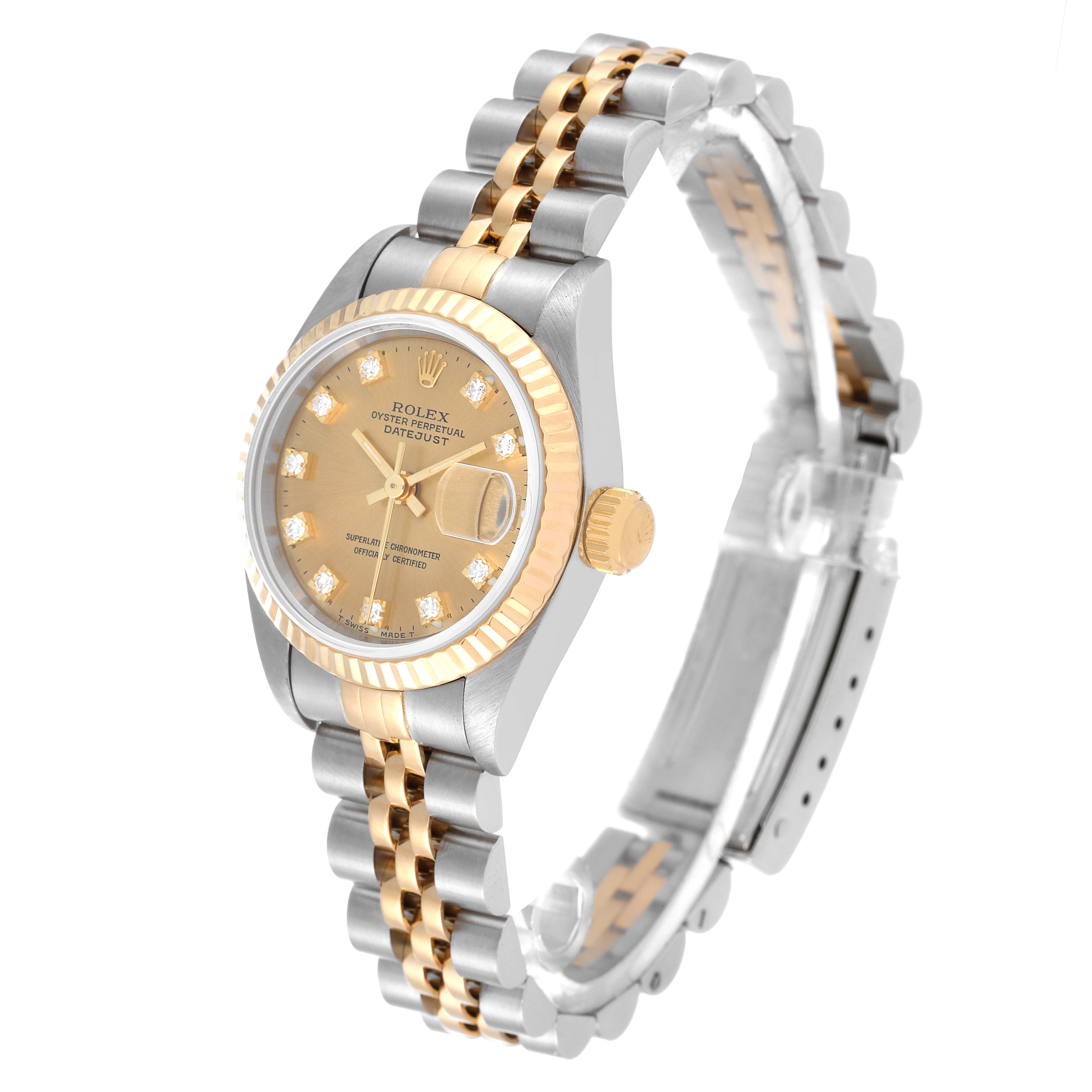 The Rolex Datejust 69173 Women's Steel and Gold (two tone) Champagne Dial 69173 Women's Steel and Gold (two tone) Champagne Dial watch is displayed at a three-quarter angle, showing its two-tone band, dial, and crown.