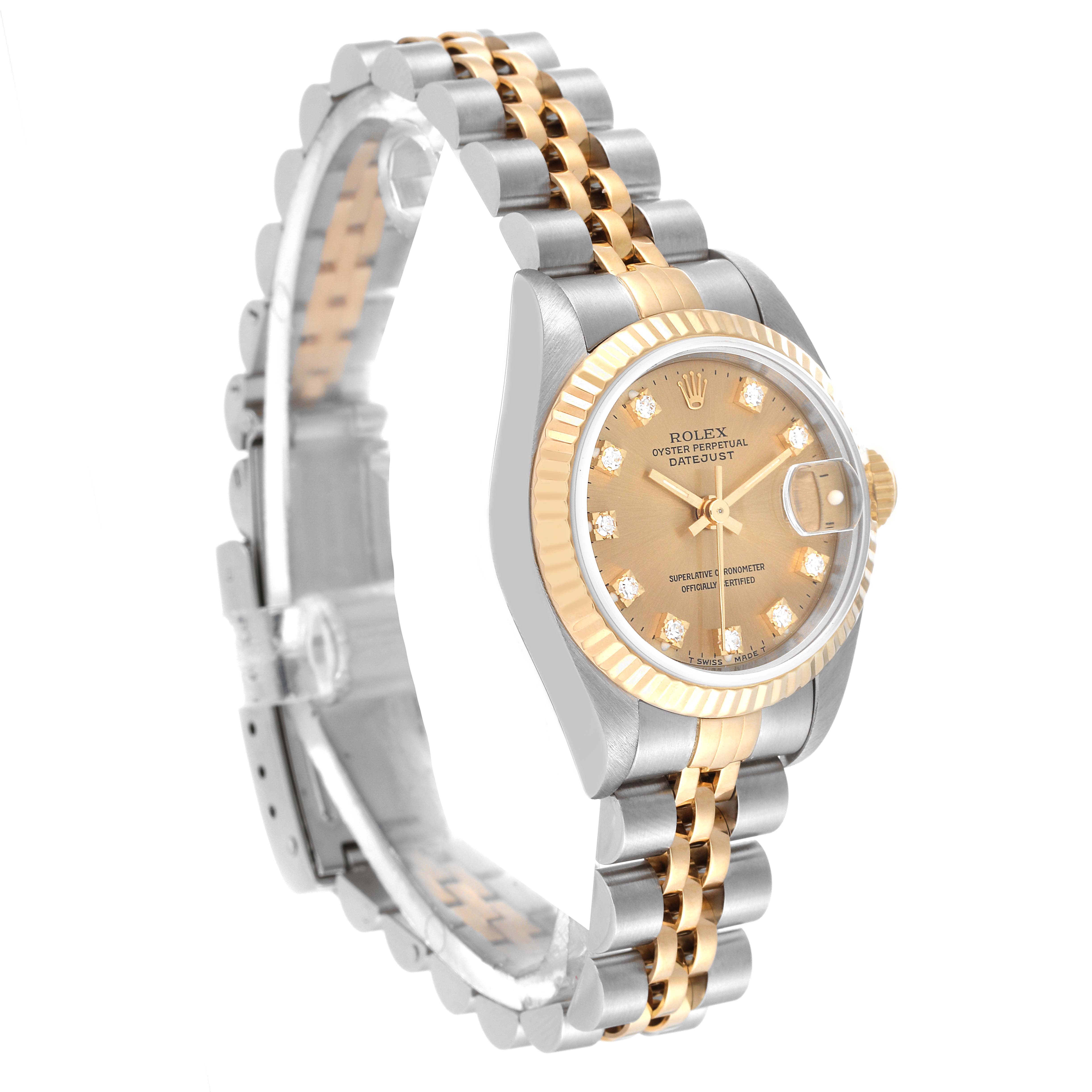 The image shows a side angle of a Rolex Datejust 69173 Women's Steel and Gold (two tone) Champagne Dial 69173 Women's Steel and Gold (two tone) Champagne Dial watch featuring its face, bezel, and bracelet.