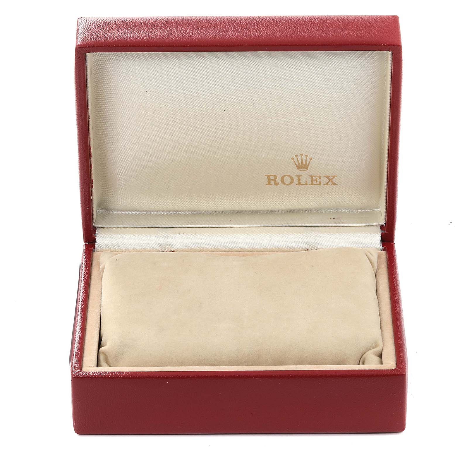 This image shows an empty Rolex Datejust 69173 Women's Steel and Gold (two tone) Champagne Dial 69173 Women's Steel and Gold (two tone) Champagne Dial watch box from a front angle, with the Rolex logo on the inside lid.