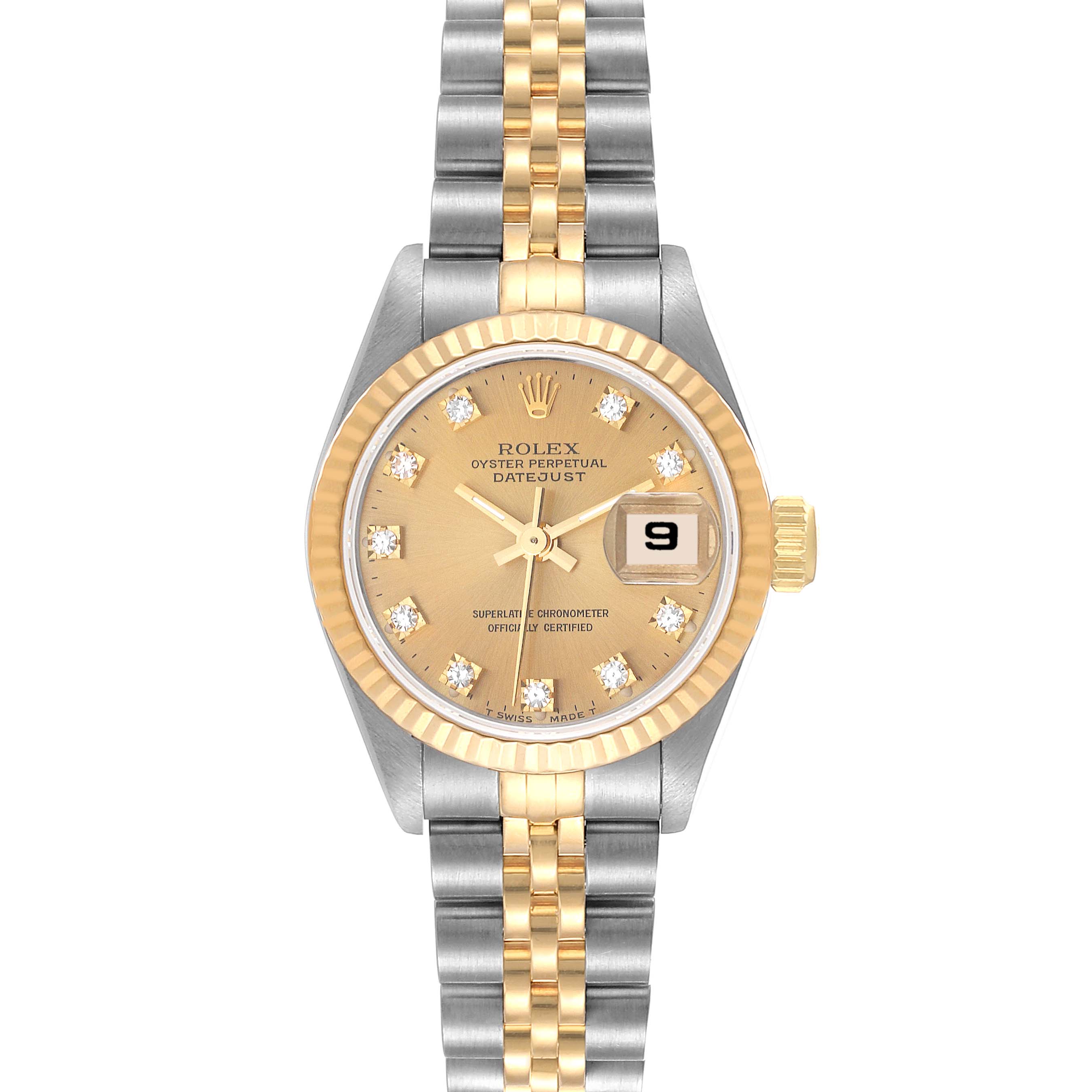 The image shows a front view of the Rolex Datejust 69173 Women's Steel and Gold (two tone) Champagne Dial 69173 Women's Steel and Gold (two tone) Champagne Dial model watch, displaying the dial, bezel, crown, and bracelet.