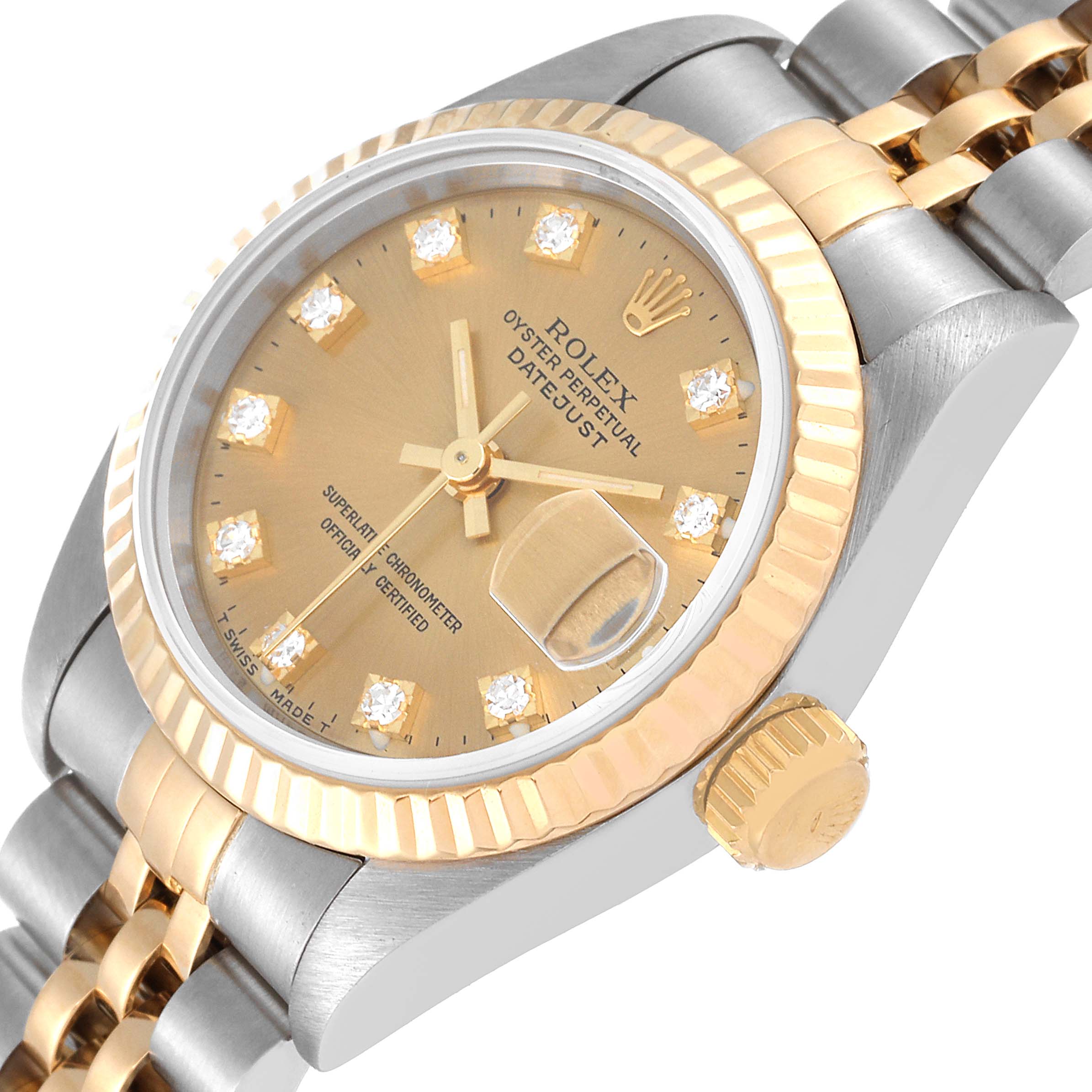 The image shows a Rolex Datejust 69173 Women's Steel and Gold (two tone) Champagne Dial 69173 Women's Steel and Gold (two tone) Champagne Dial watch at a slight right-angle, highlighting its champagne dial, fluted bezel, and diamond markers.