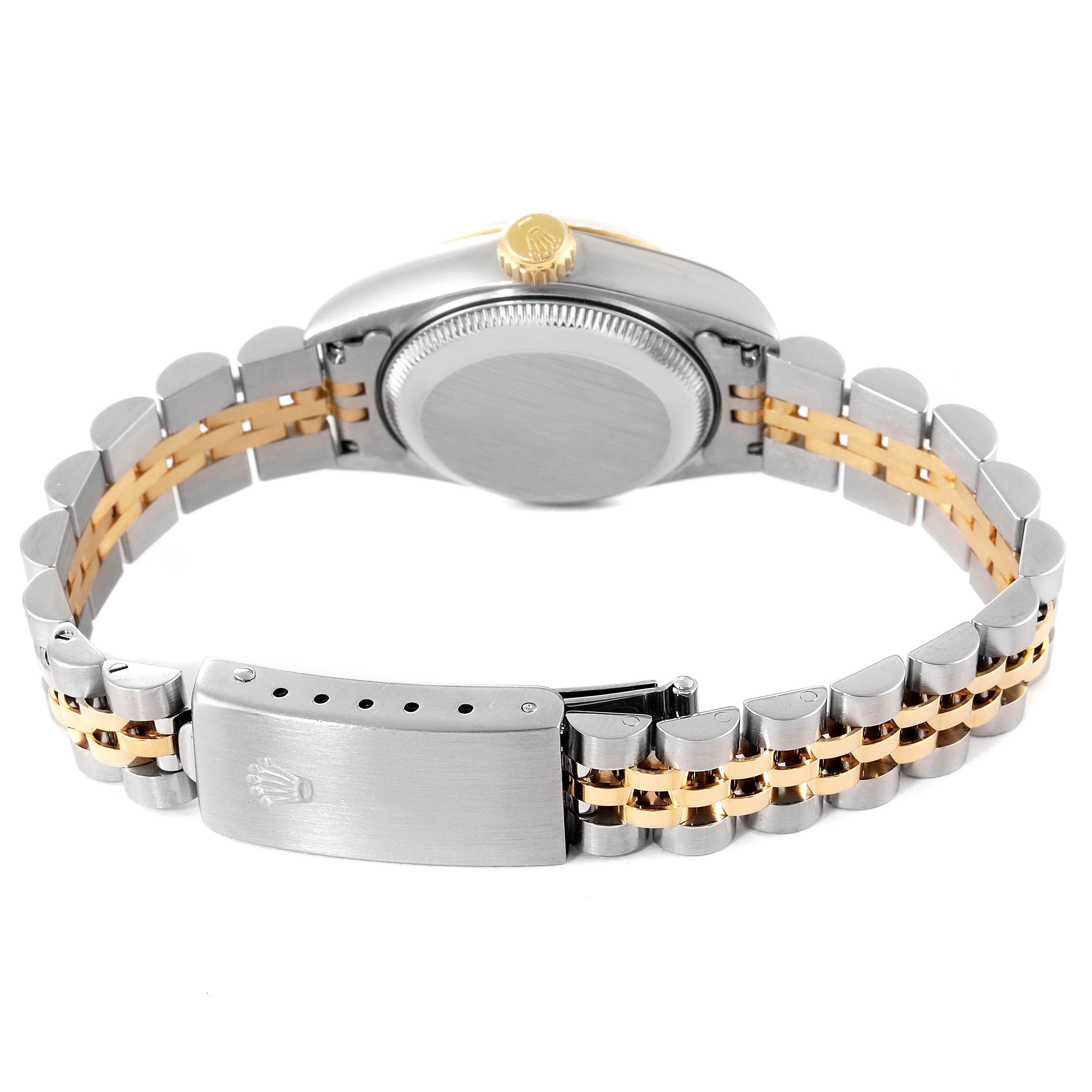 The image shows the back of the Rolex Datejust 69173 Women's Steel and Gold (two tone) Champagne Dial 69173 Women's Steel and Gold (two tone) Champagne Dial watch, highlighting the clasp and two-tone metal bracelet.