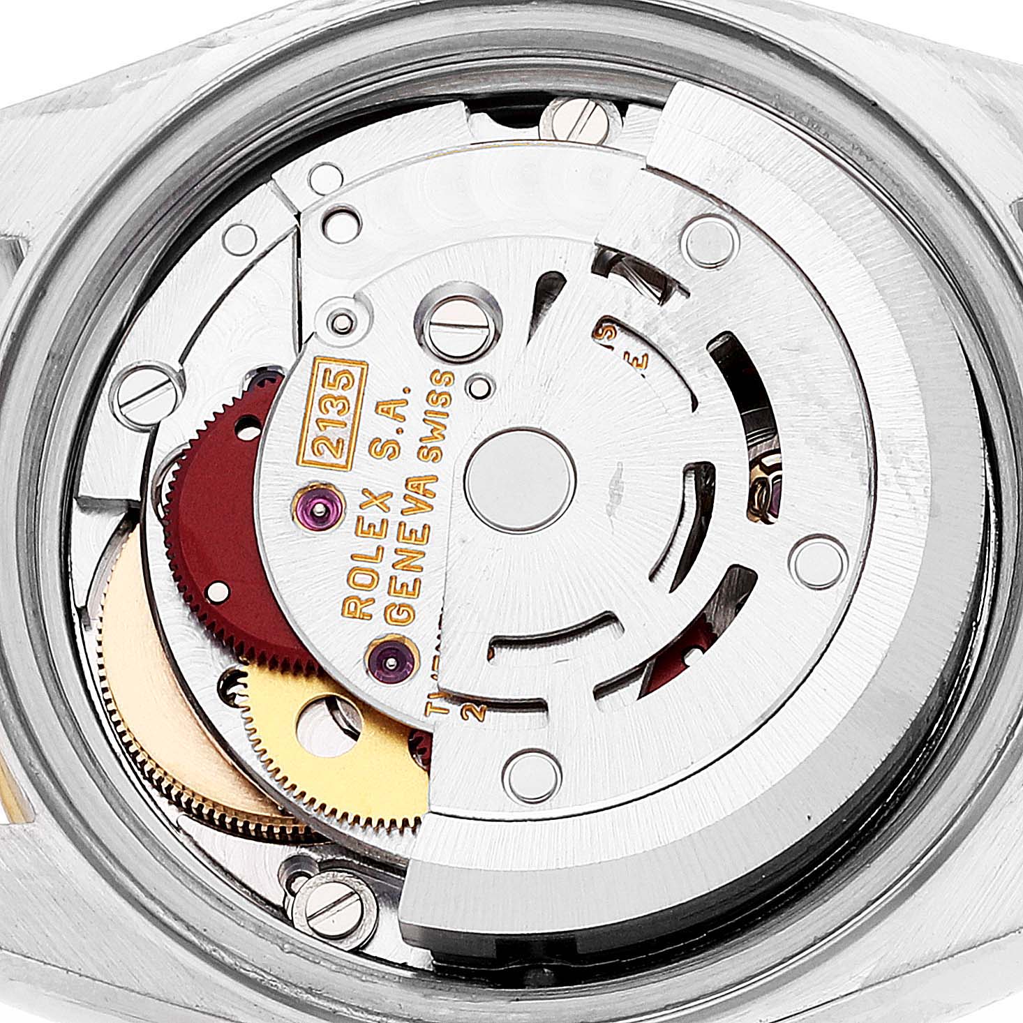 This image shows the intricate movement mechanism inside a Rolex Datejust 69173 Women's Steel and Gold (two tone) Champagne Dial 69173 Women's Steel and Gold (two tone) Champagne Dial watch from a rear view angle.