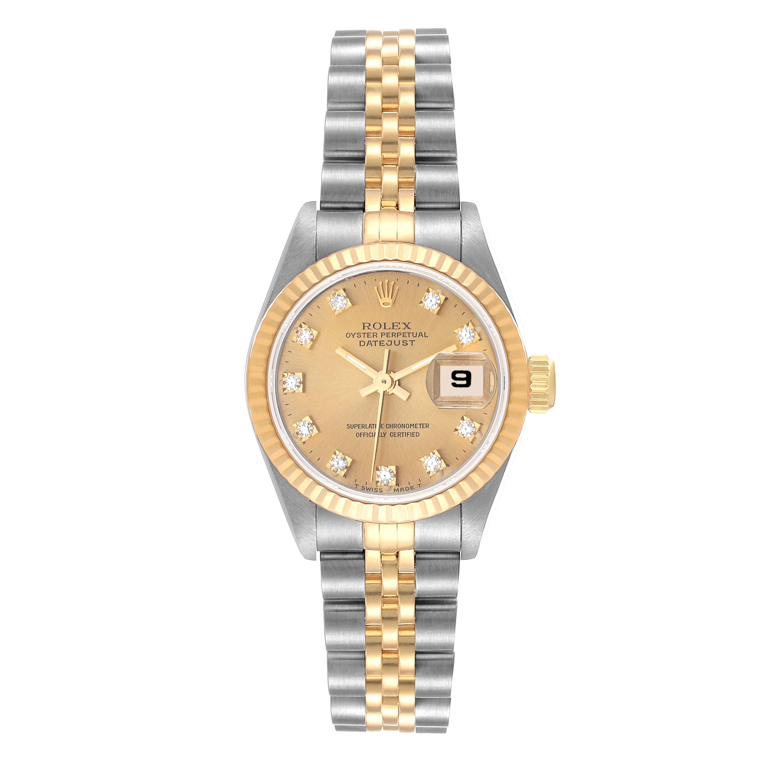 The Rolex Datejust 69173 Women's Steel and Gold (two tone) Champagne Dial 69173 Women's Steel and Gold (two tone) Champagne Dial watch is shown from the front, displaying the dial, case, bezel, and two-tone bracelet.