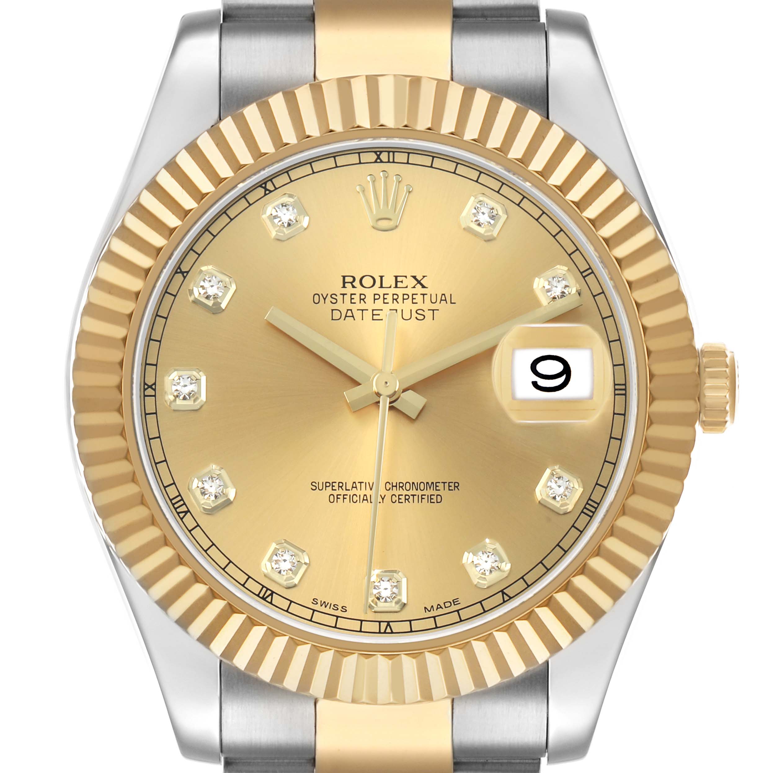The Rolex Datejust 41 116333 Men's Steel and Gold (two tone) Champagne Dial is shown from the front, highlighting the dial, bezel, date window, and part of the bracelet.