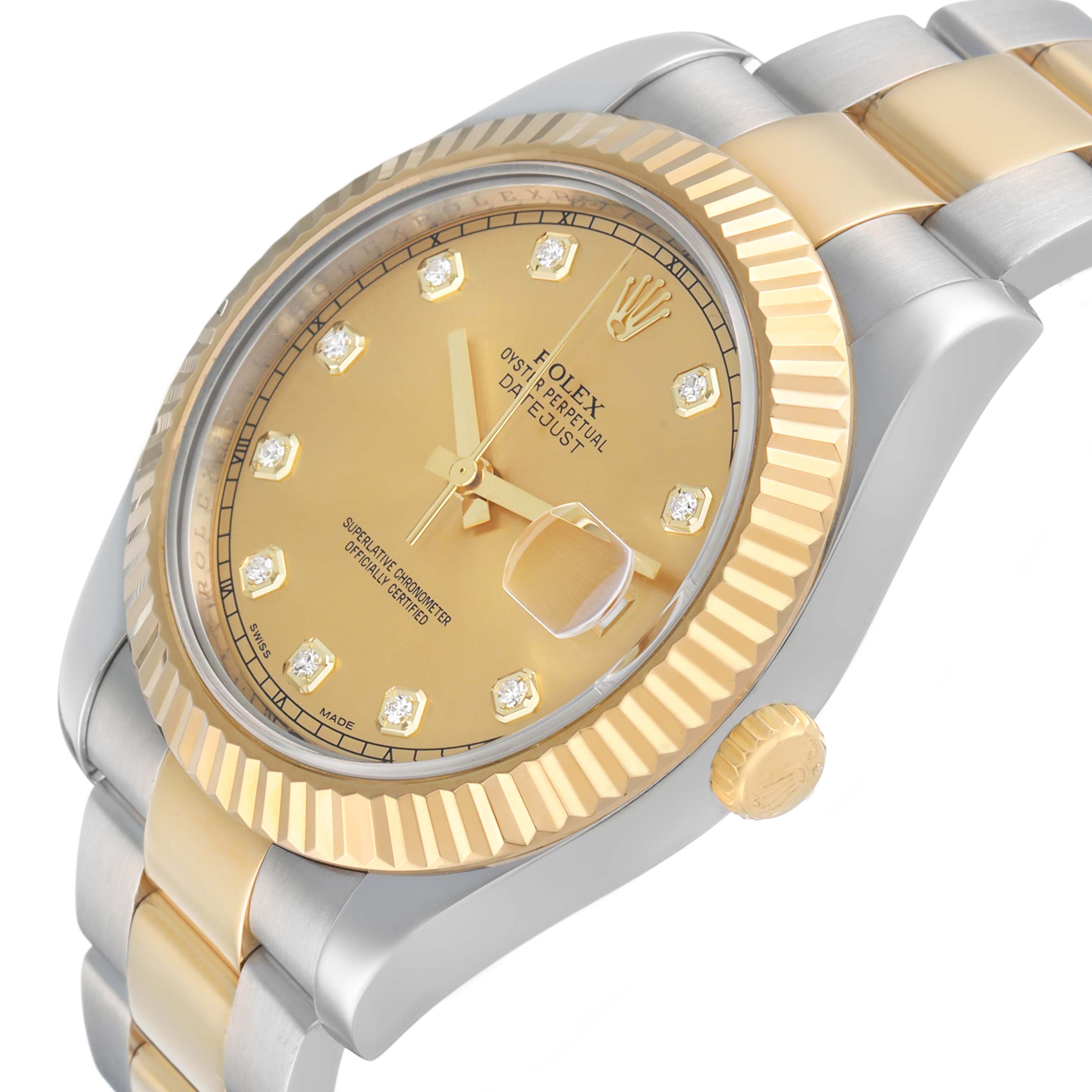 The Rolex Datejust 41 116333 Men's Steel and Gold (two tone) Champagne Dial is shown at a slight angle, highlighting its gold dial, fluted bezel, and two-tone bracelet.