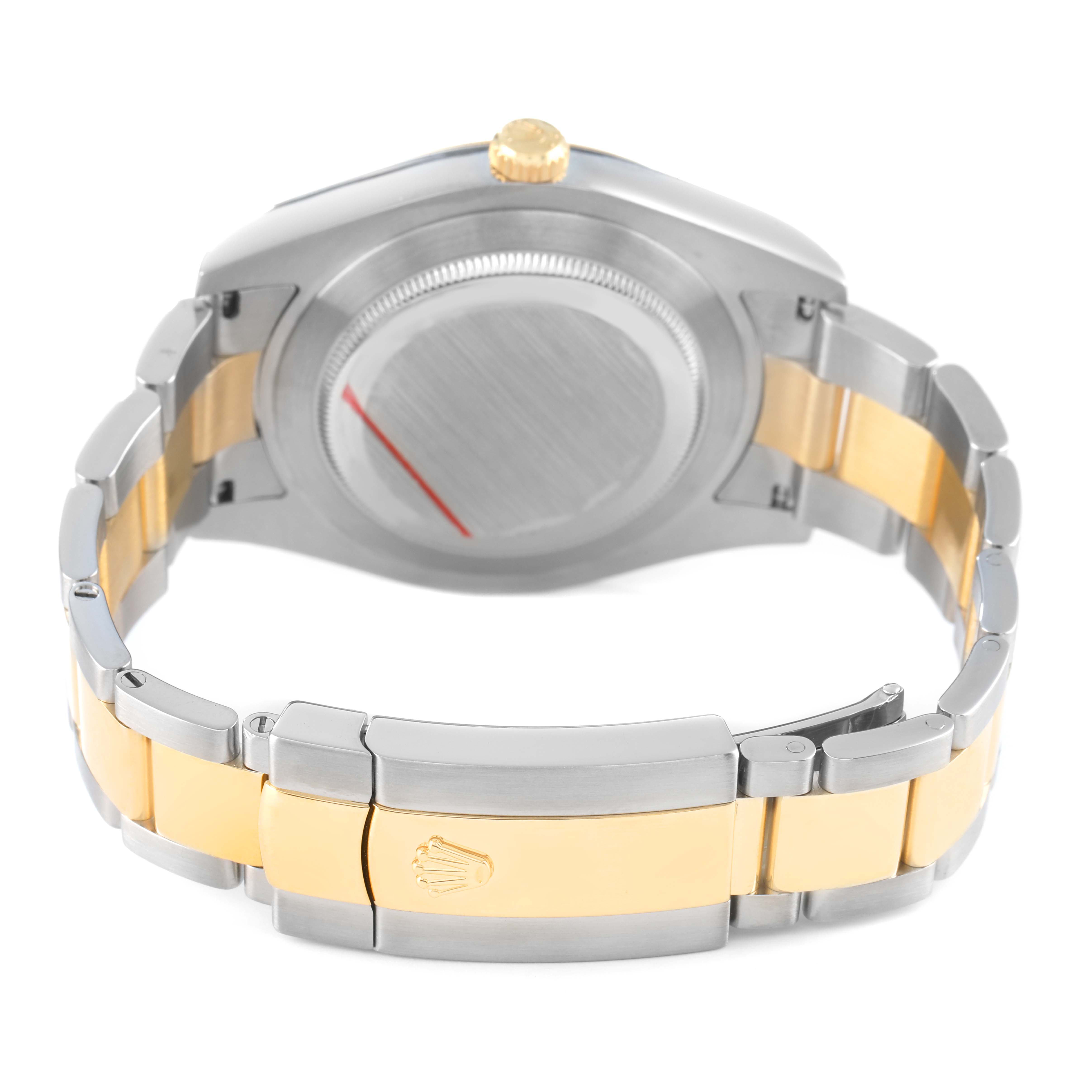 The image shows the back view of the Rolex Datejust 41 116333 Men's Steel and Gold (two tone) Champagne Dial, highlighting the case back, crown, and two-tone bracelet with a clasp.