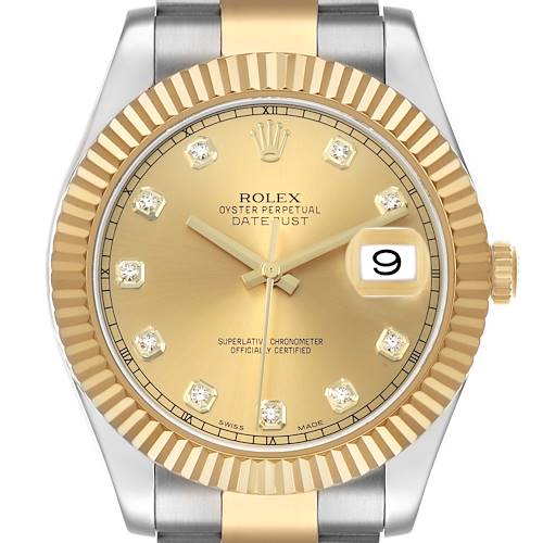 The Rolex Datejust 41 116333 Men's Steel and Gold (two tone) Champagne Dial is shown from the front, highlighting the gold dial, diamond hour markers, and the fluted bezel.