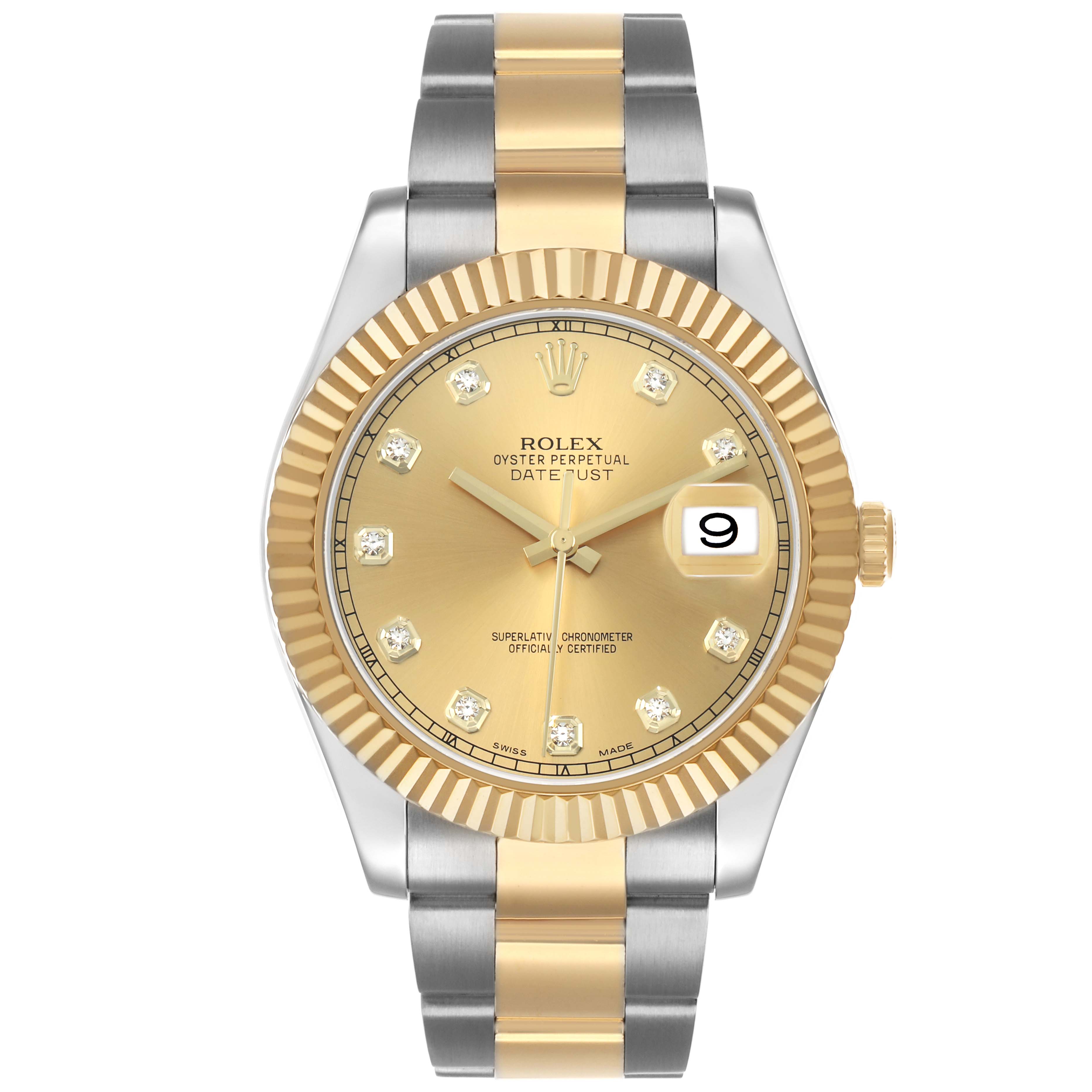 The Rolex Datejust 41 116333 Men's Steel and Gold (two tone) Champagne Dial is shown from a front angle, highlighting its gold dial, bezel, and the two-tone bracelet.