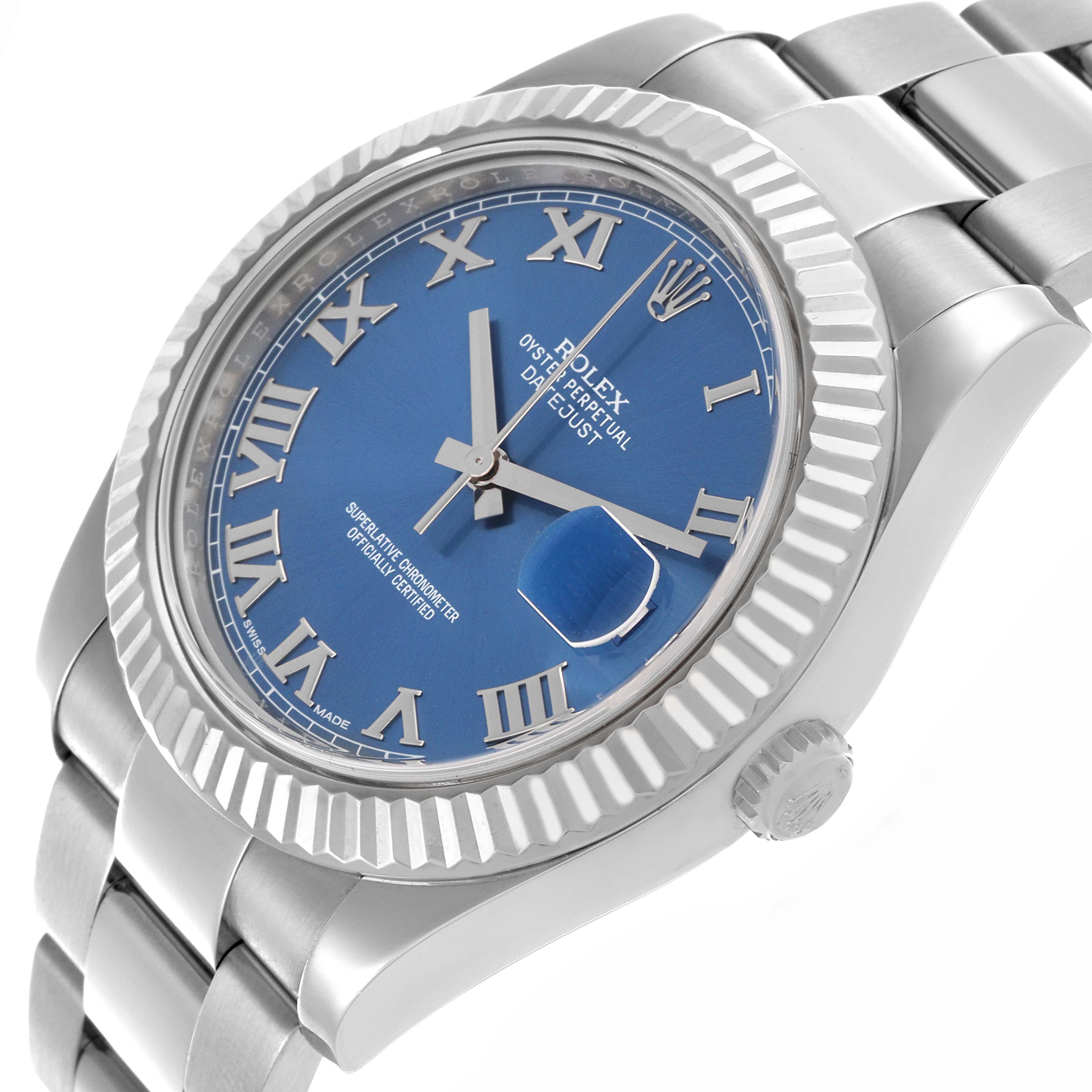 The Rolex Datejust 41 116334 Men
s Stainless Steel Blue Dial 116334 Men
s Stainless Steel Blue Dial watch is shown from a front angle, highlighting the blue dial, fluted bezel, and part of the bracelet.