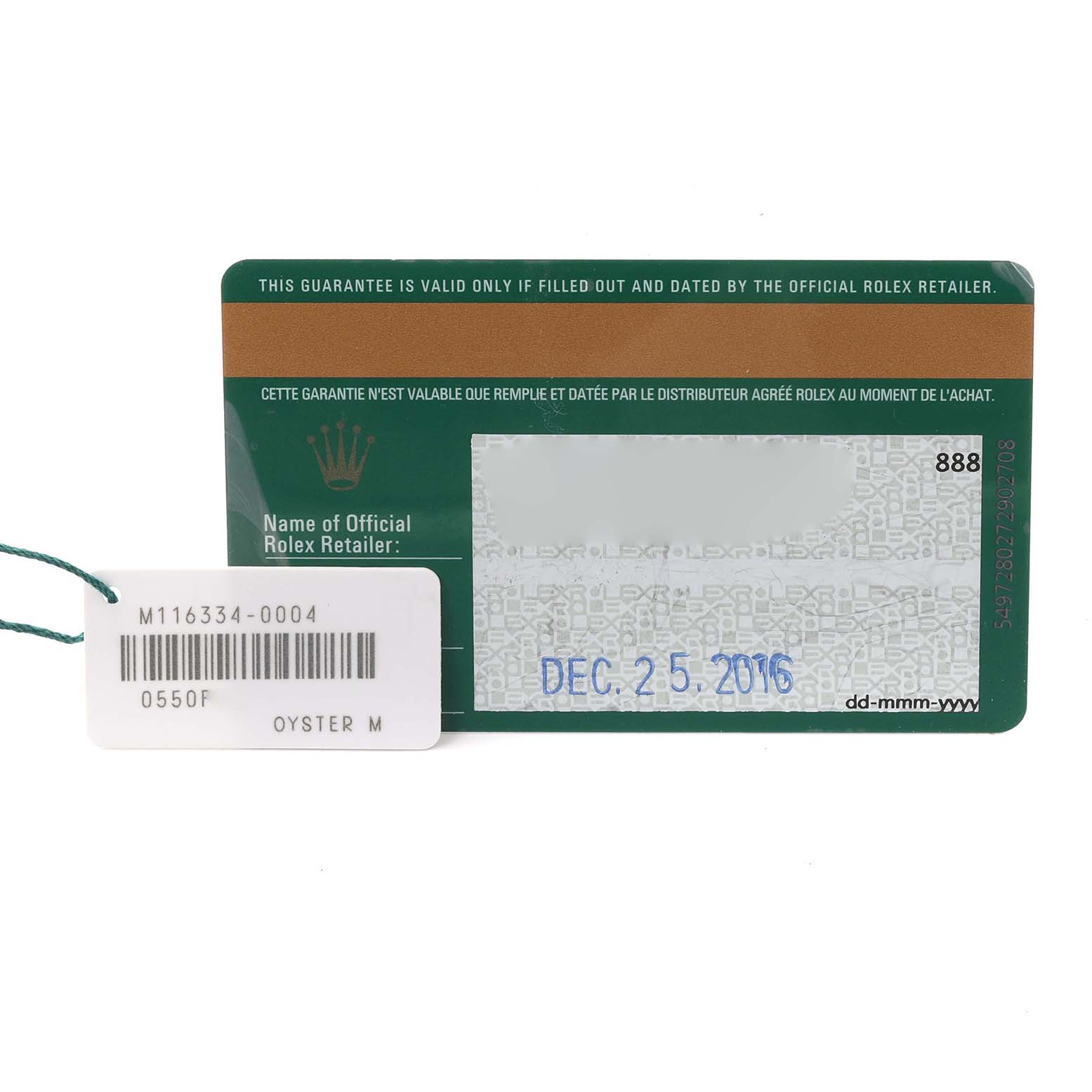 The image shows a warranty card and a tag for a Rolex Datejust 41 116334 Men
s Stainless Steel Blue Dial 116334 Men
s Stainless Steel Blue Dial, displaying the serial number and purchase date.