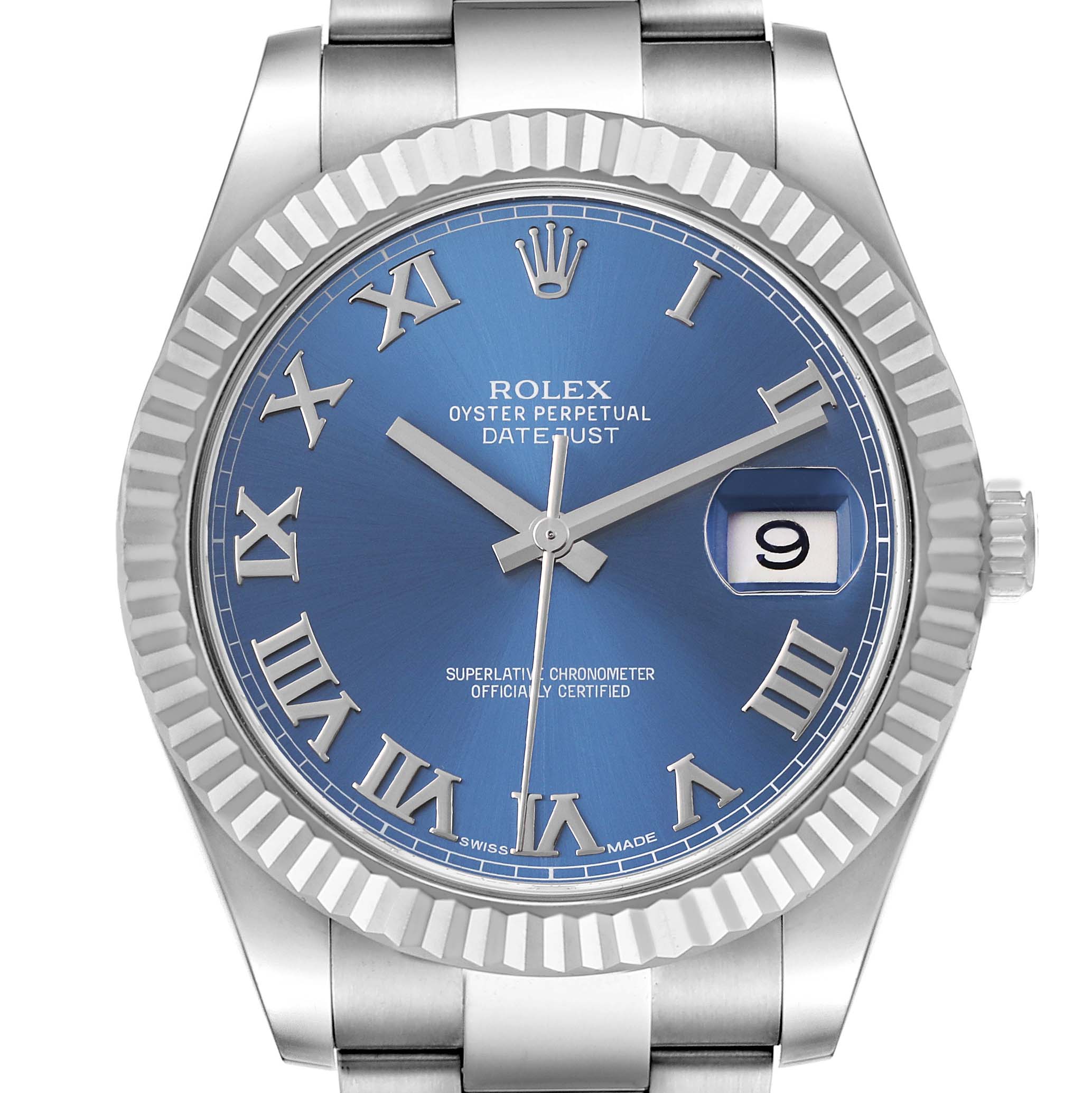 The Rolex Datejust 41 116334 Men
s Stainless Steel Blue Dial 116334 Men
s Stainless Steel Blue Dial watch is shown from a front angle, highlighting the blue dial, fluted bezel, and part of the bracelet.