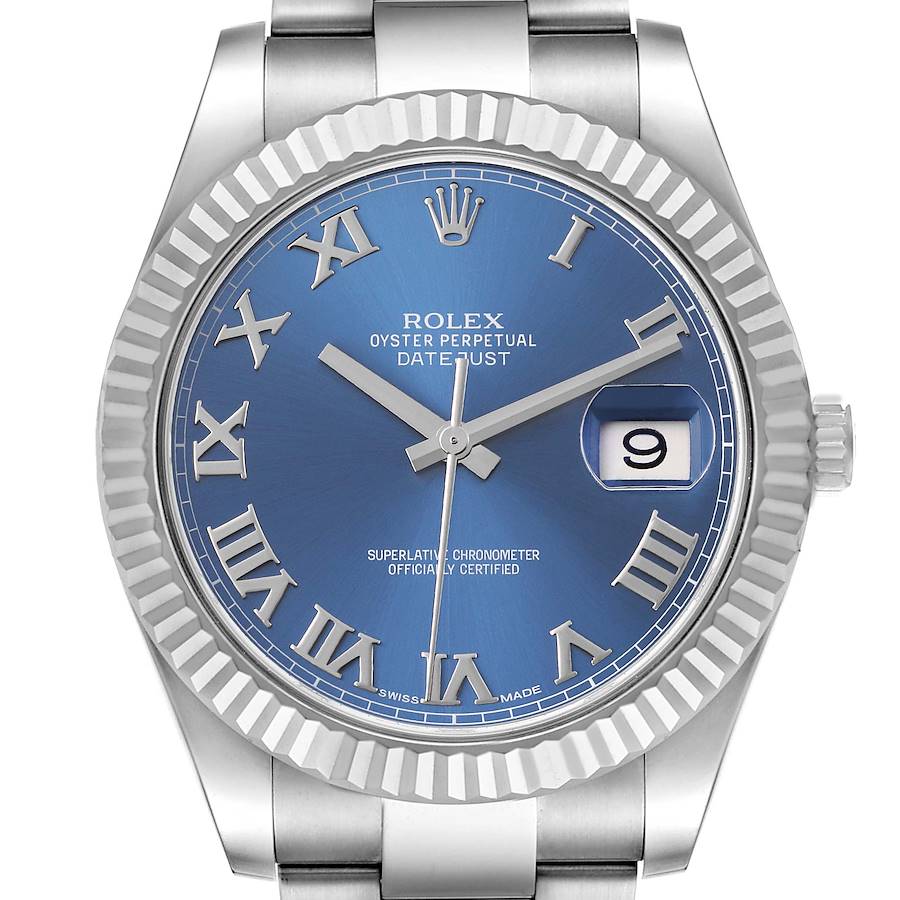 The Rolex Datejust 41 watch is shown from a front angle, highlighting the blue dial, fluted bezel, and part of the bracelet.