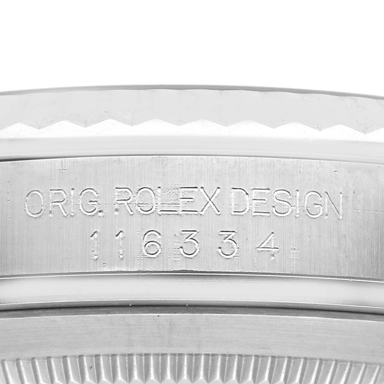The image shows the side view of a Rolex Datejust 41 116334 Men
s Stainless Steel Blue Dial 116334 Men
s Stainless Steel Blue Dial, highlighting the engraved "ORIG. ROLEX DESIGN 116334" on the case.