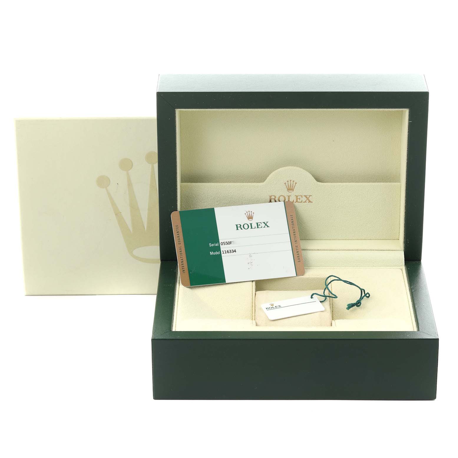 The image shows a Rolex Datejust 41 116334 Men
s Stainless Steel Blue Dial 116334 Men
s Stainless Steel Blue Dial packaging, warranty card, and tag in an open box.