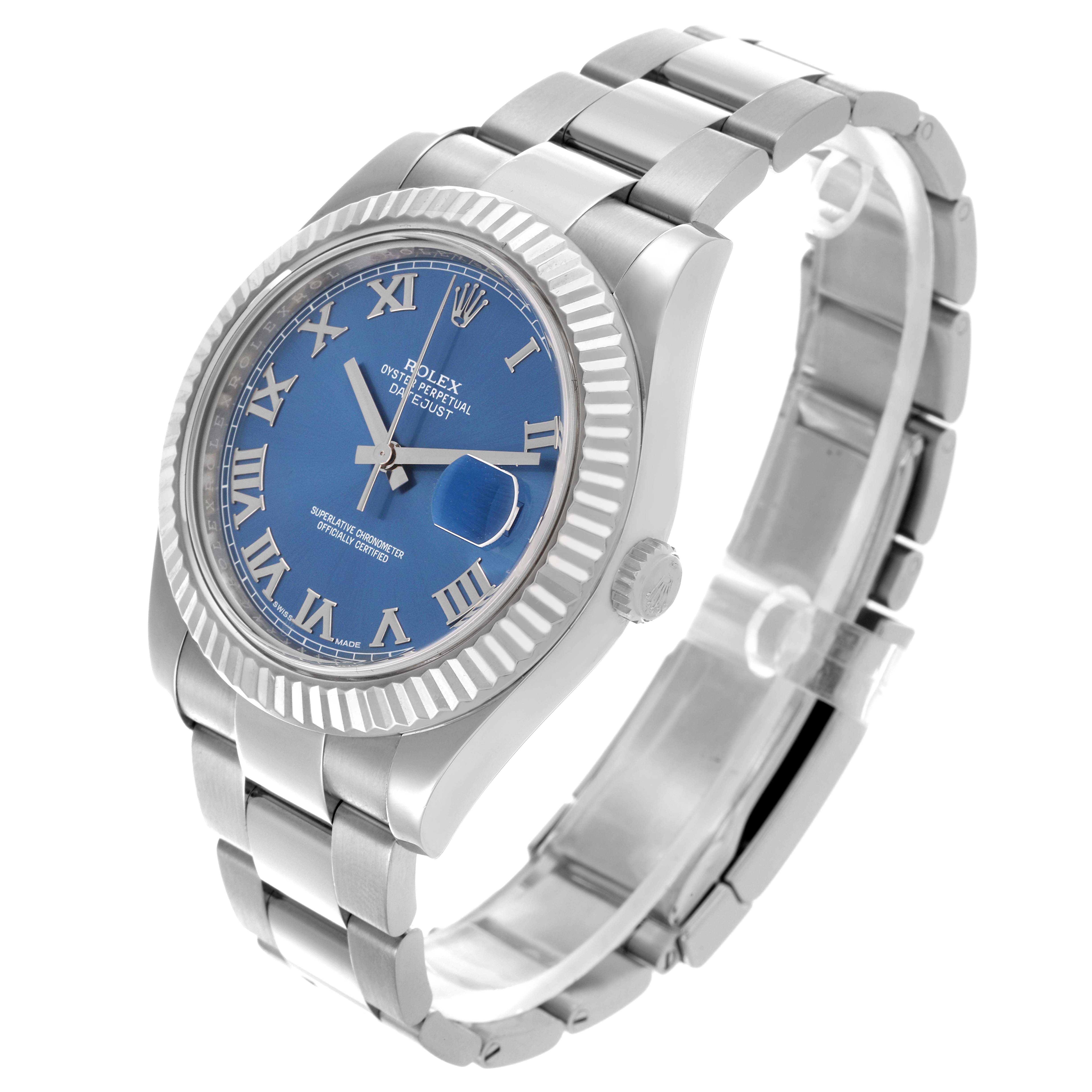 The Rolex Datejust 41 116334 Men
s Stainless Steel Blue Dial 116334 Men
s Stainless Steel Blue Dial is shown at a three-quarter angle, highlighting the bracelet, blue dial, Roman numerals, and fluted bezel.