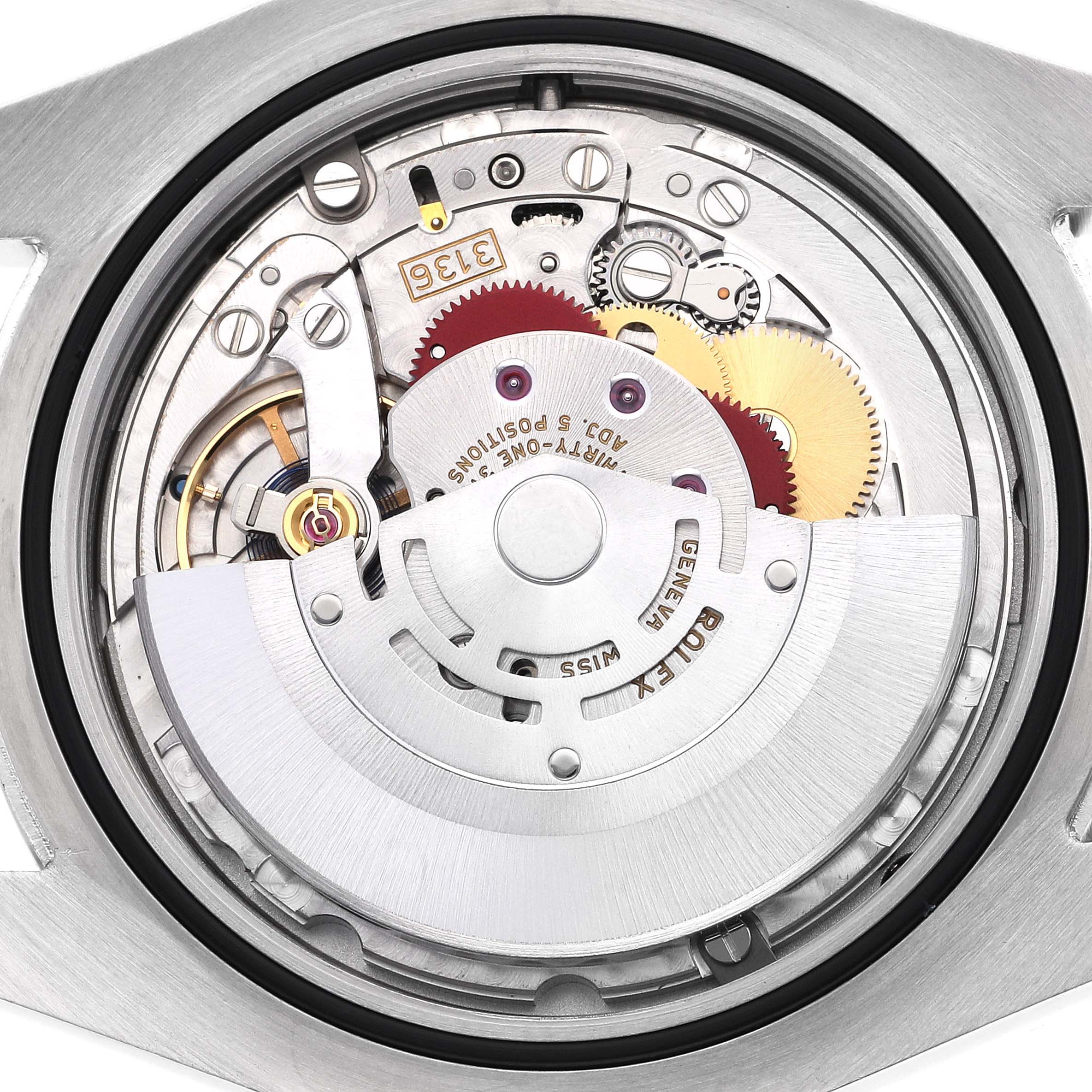 The image shows the movement mechanism of a Rolex Datejust 41 116334 Men
s Stainless Steel Blue Dial 116334 Men
s Stainless Steel Blue Dial, viewed from the back with gears and rotor visible.