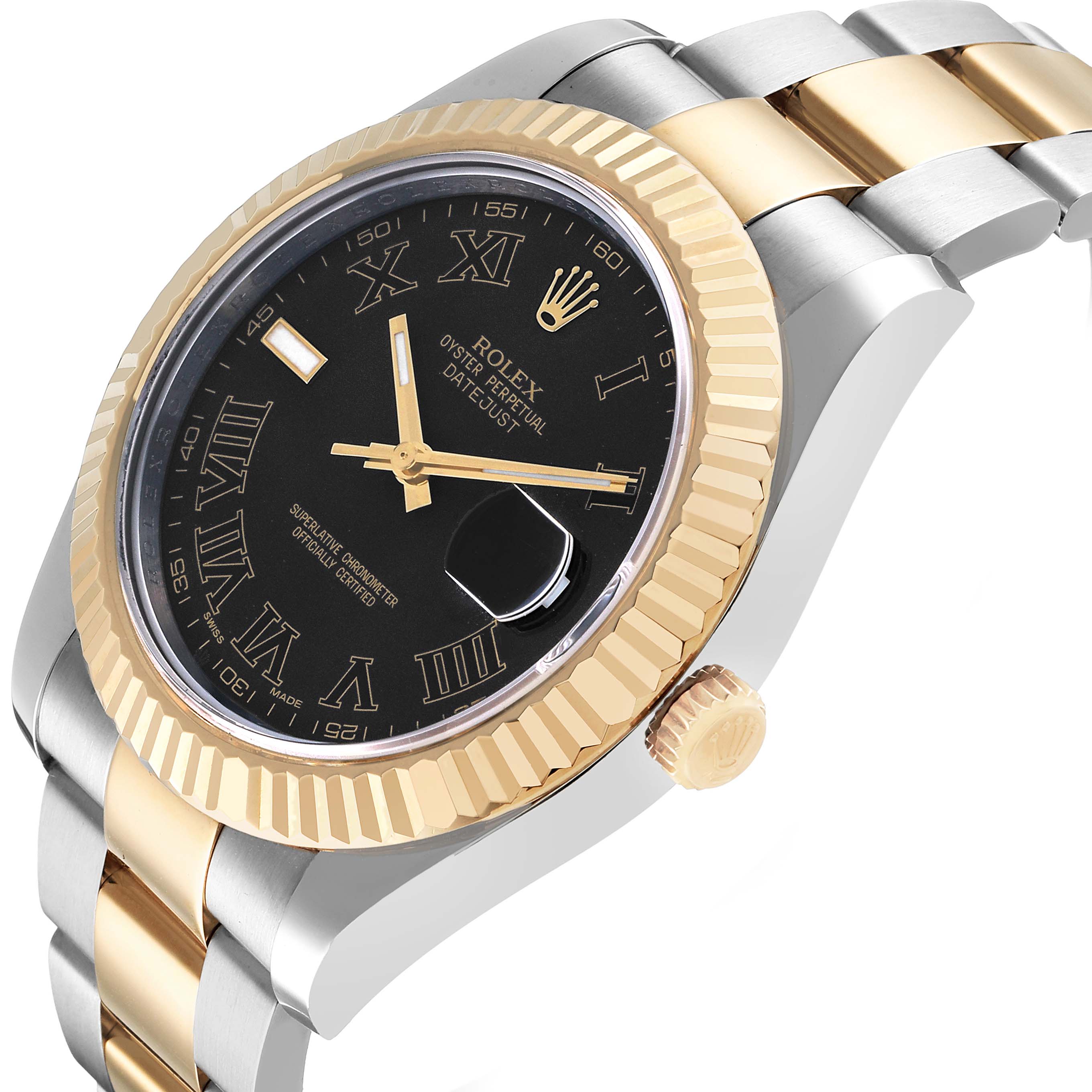 The Rolex Datejust 41 116333 Men's Steel and Gold (two tone) Black Dial is shown at an angle highlighting the bezel, crown, dial, and part of the bracelet.