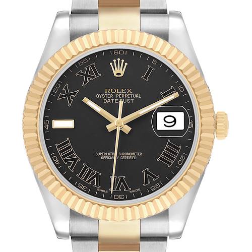 The Rolex Datejust 41 116333 Men's Steel and Gold (two tone) Black Dial is shown from a frontal view, highlighting the black dial, gold Roman numerals, date display, and two-tone bezel.
